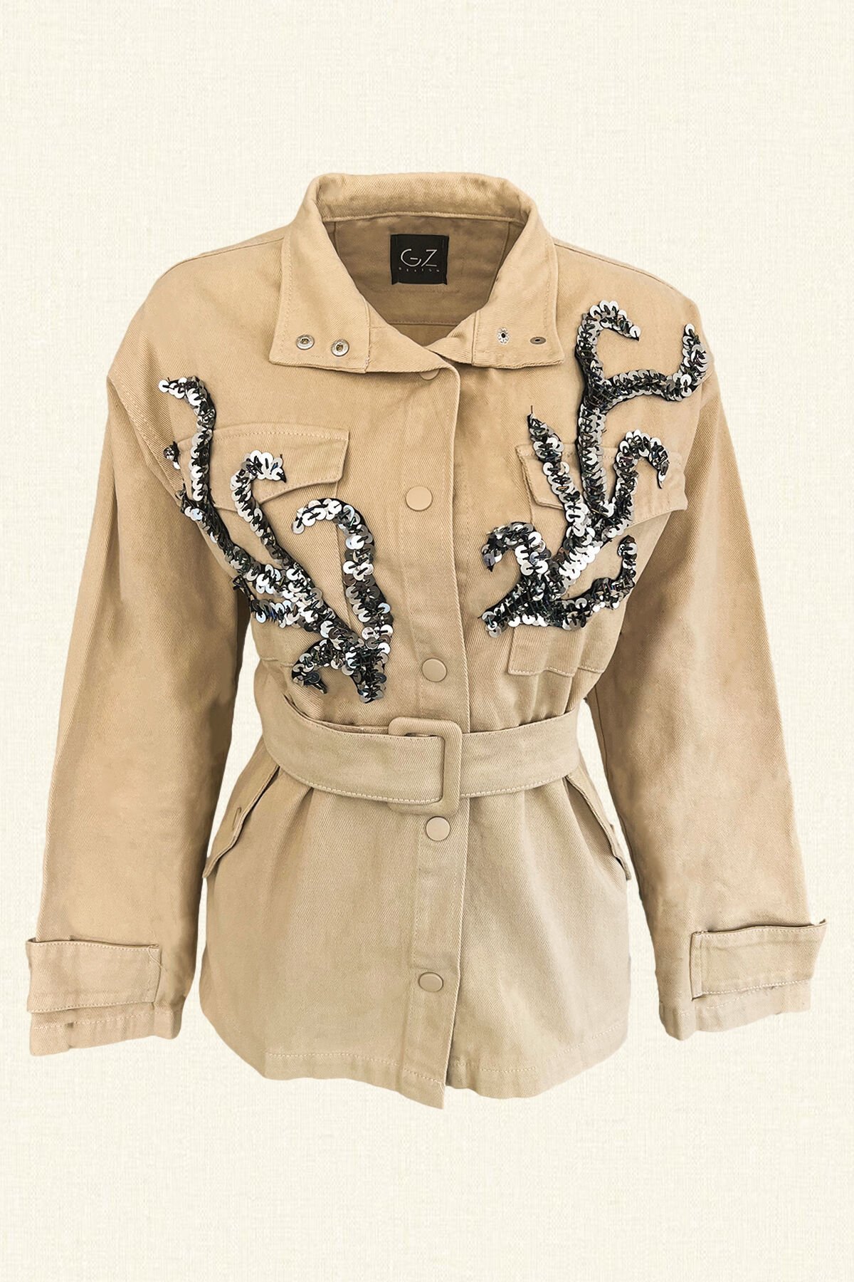 Gümüş Dal İşlemeli Krem Renk Jean Ceket