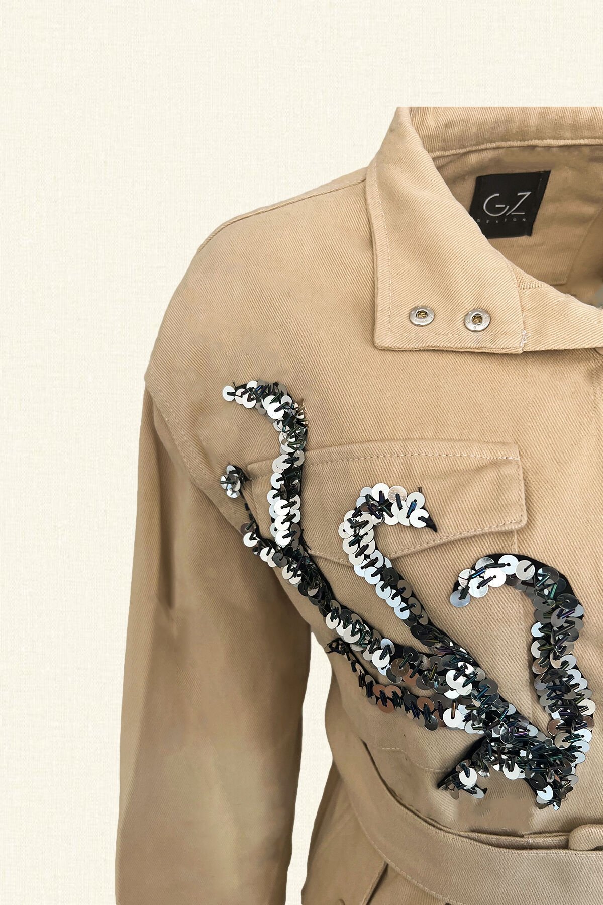 Gümüş Dal İşlemeli Krem Renk Jean Ceket