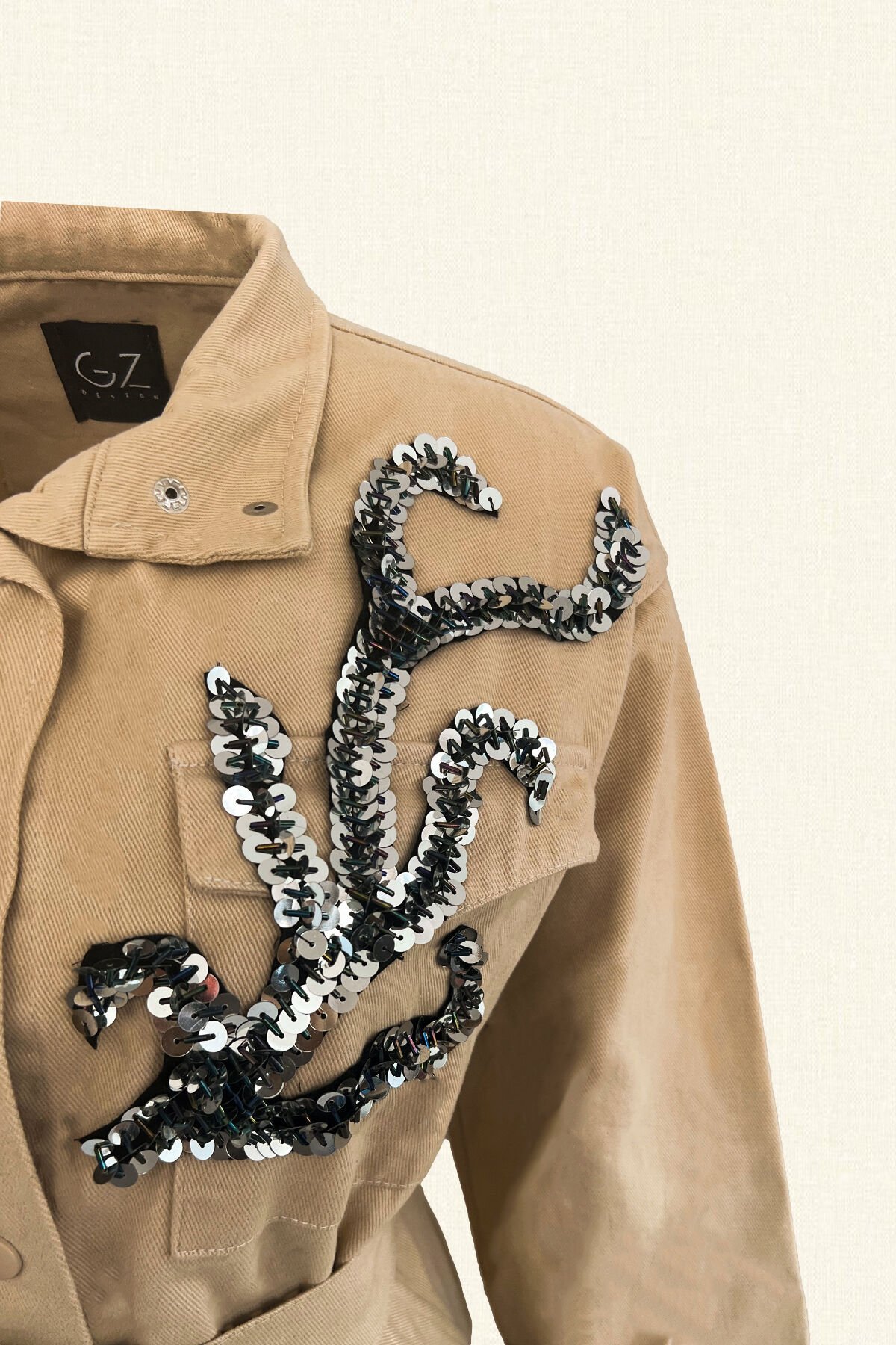 Gümüş Dal İşlemeli Krem Renk Jean Ceket