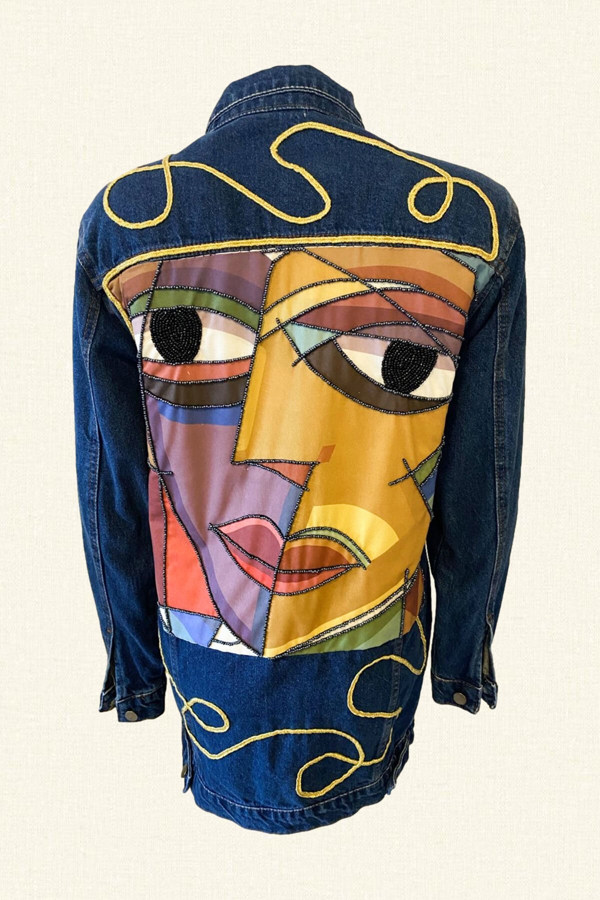 Sırtı Yüz Figürlü Uzun Koyu Renk Jean Ceket