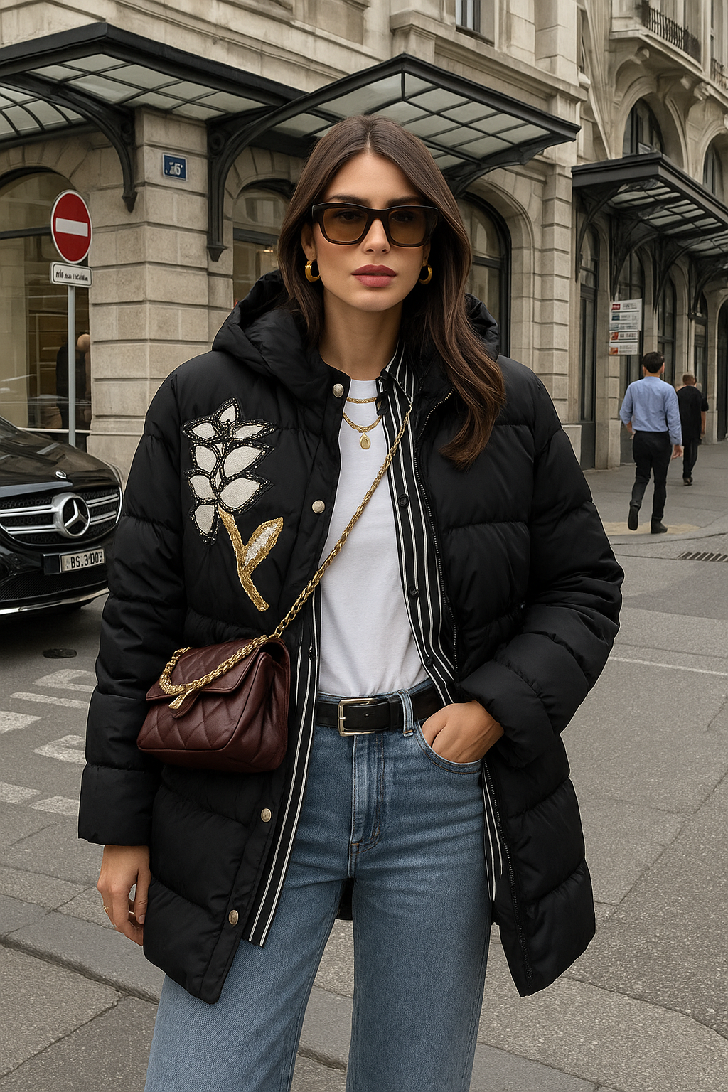 Deri Üzeri Boncuk İşlemeli Çiçek Figürlü Siyah Şişme Mont