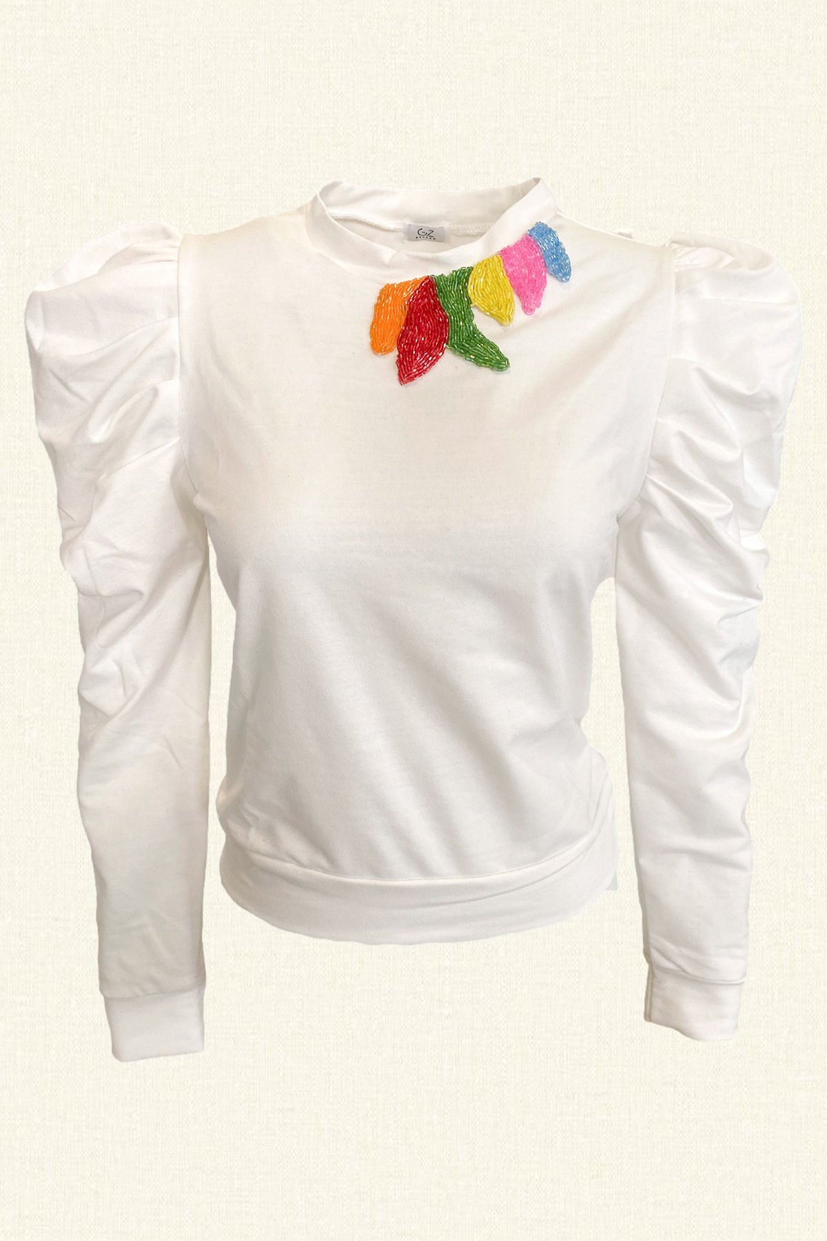 Renkli İşleme Detaylı Balon Kollu Beyaz İnce Sweatshirt