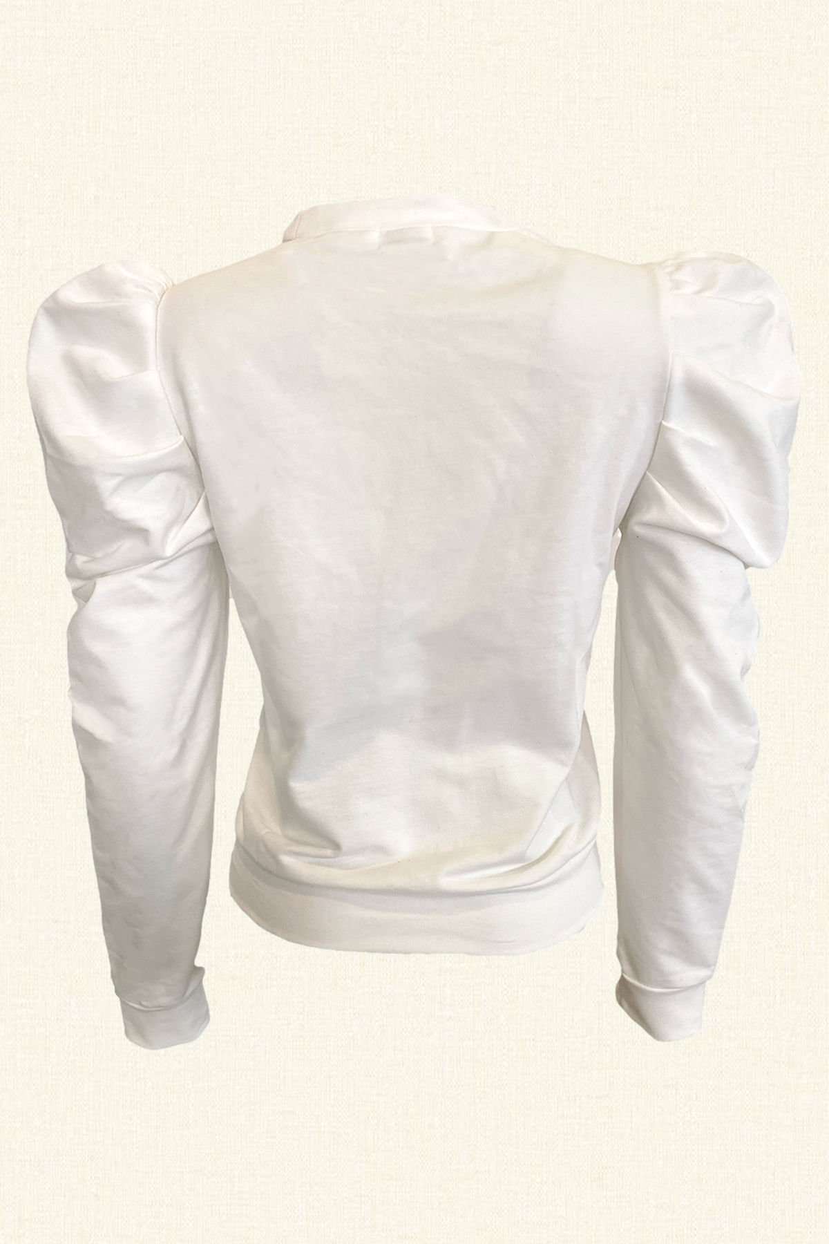 Renkli İşleme Detaylı Balon Kollu Beyaz İnce Sweatshirt