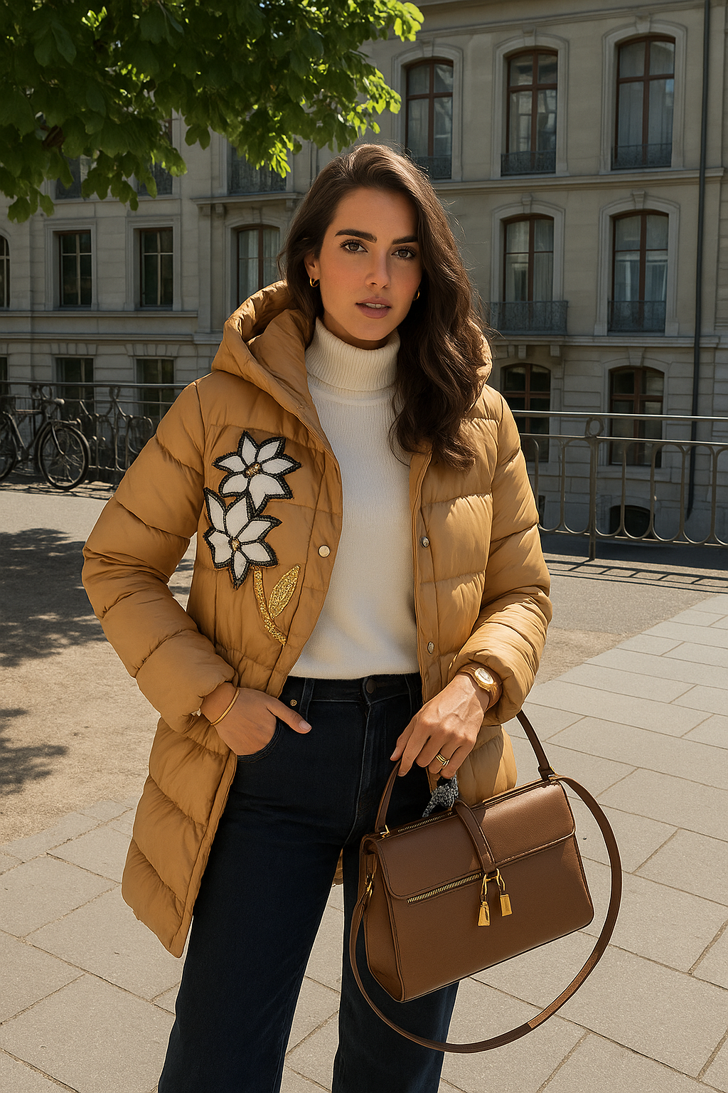 Deri Üzeri Boncuk İşlemeli Çiçek Figürlü Krem Şişme Mont