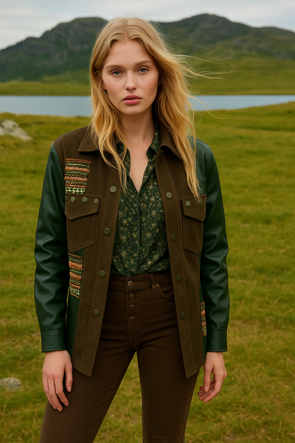 Bakır İşlemeli Kolları Deri Detay Yeşil Jean Ceket