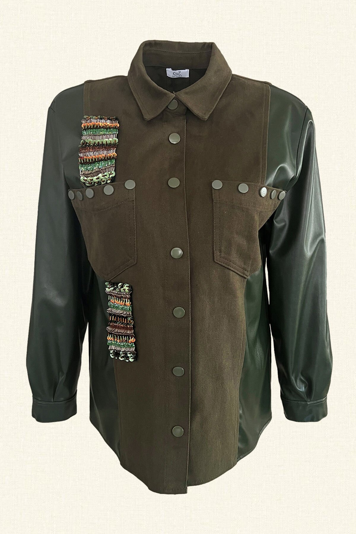 Bakır İşlemeli Kolları Deri Detay Yeşil Jean Ceket