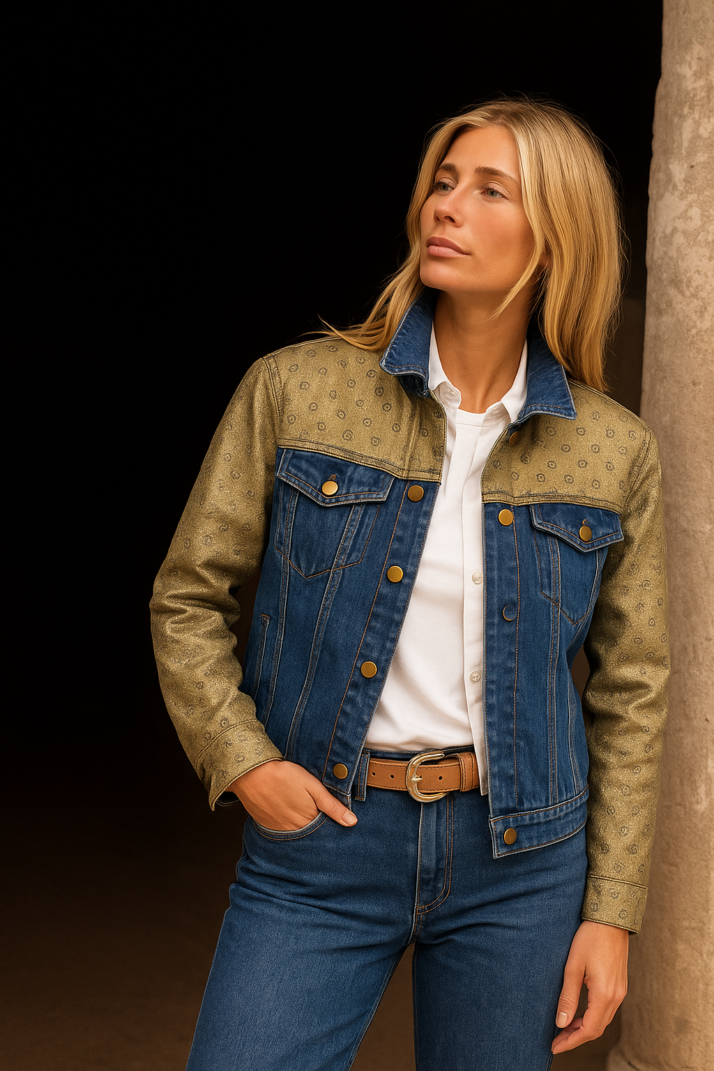 Gold Parlak Kumaş Detay Jean Ceket