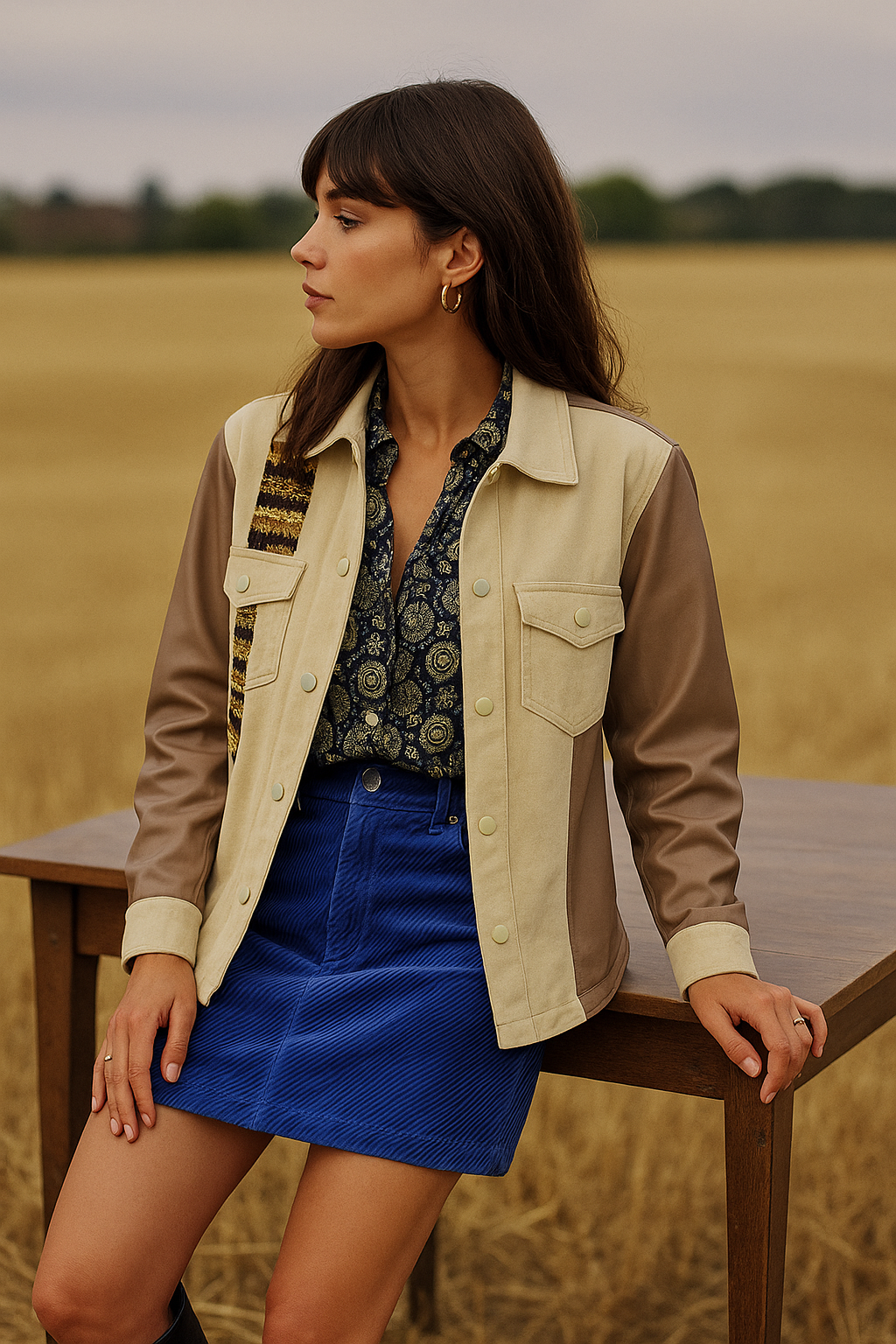 Gold İşlemeli Kolları Deri Detay Krem Jean Ceket