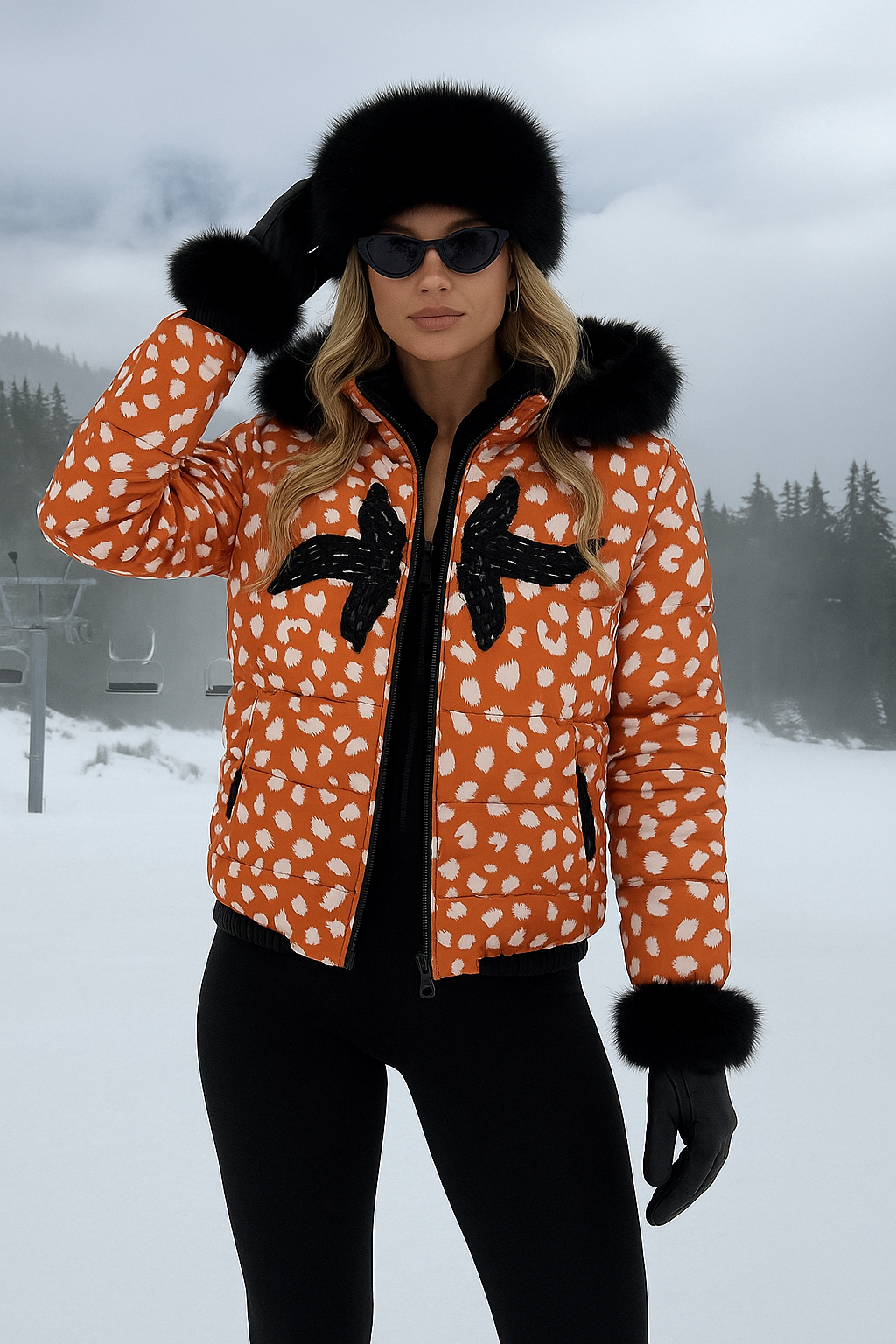 Siyah İşlemeli Turuncu Leopar Desenli Kürklü Şişme Mont