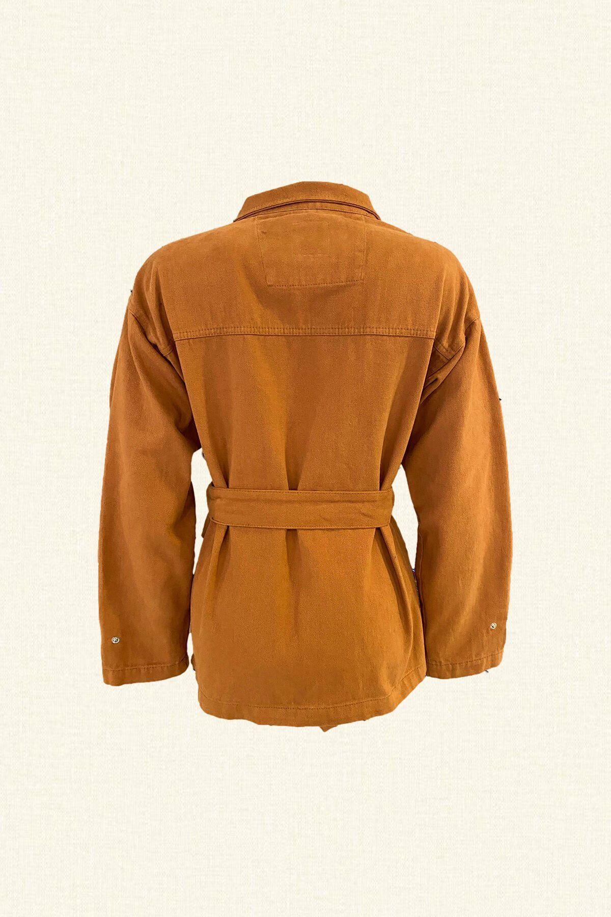 Kahverengi Deri Üzeri Boncuk Detaylı Kiremit Renk Jean Ceket