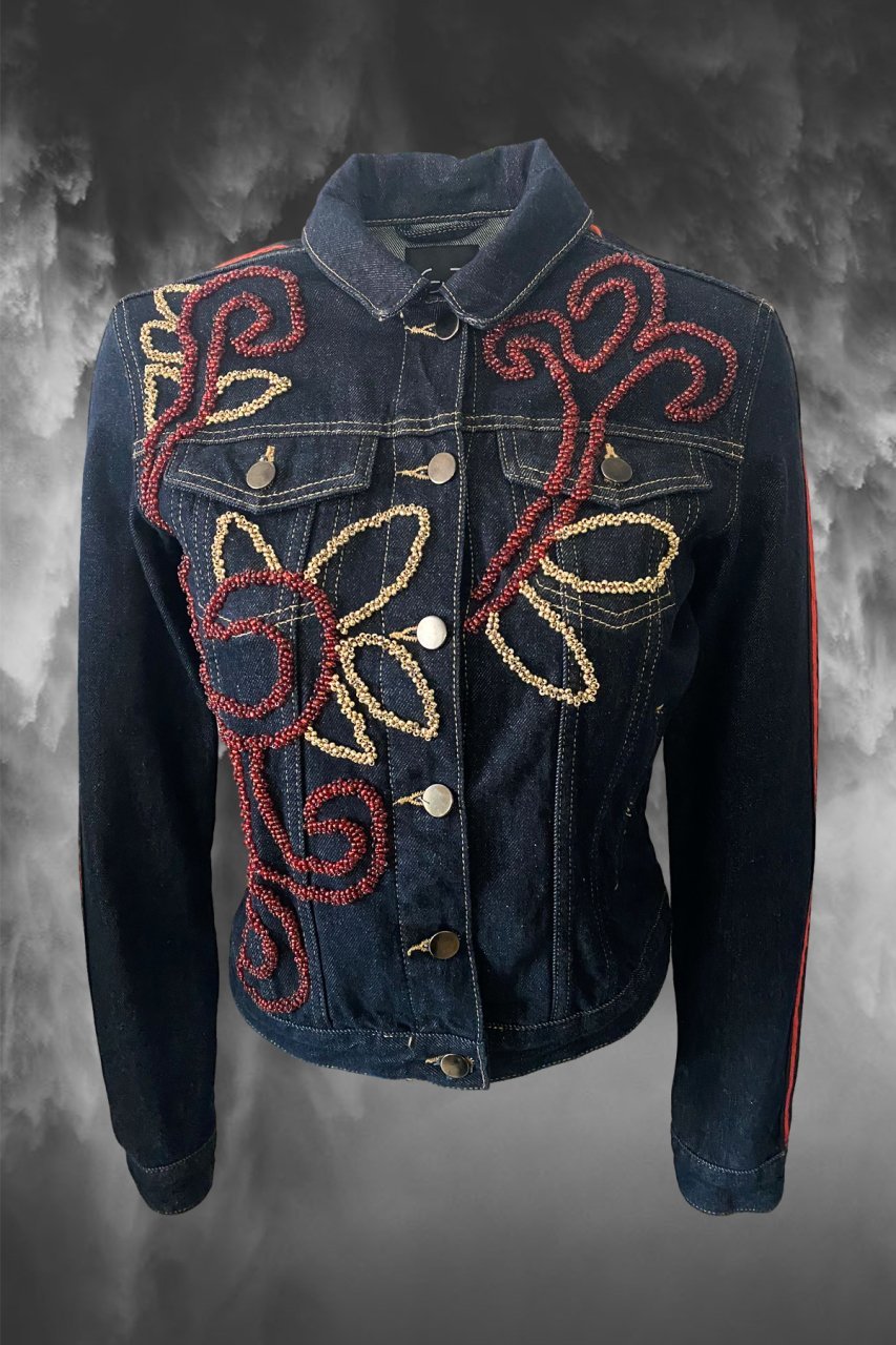 Kırmızı ve Gold Boncuk Detaylı Koyu Renk Ceket