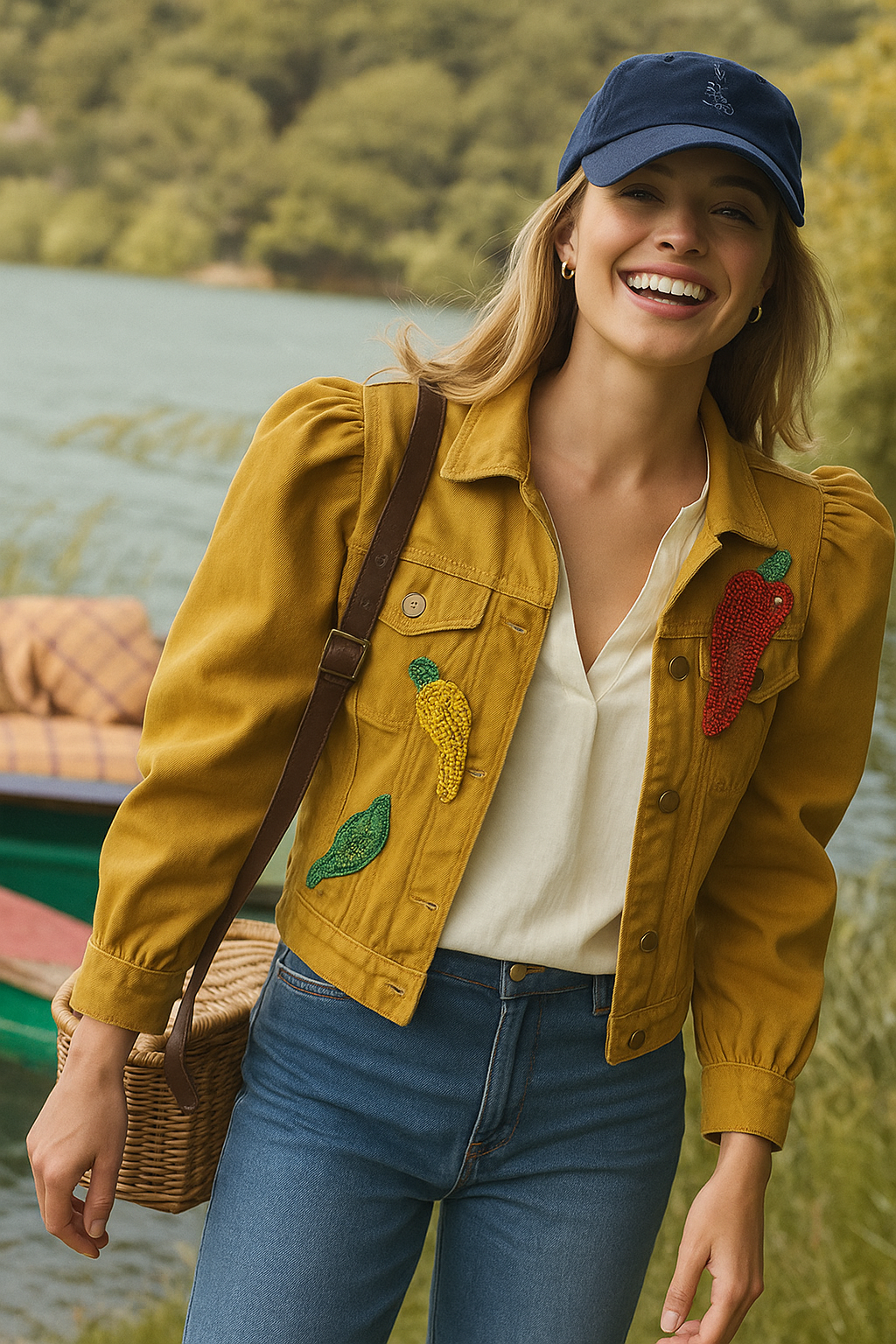 Biber İşlemeli Hardal Renkli Balon Kol Jean Ceket