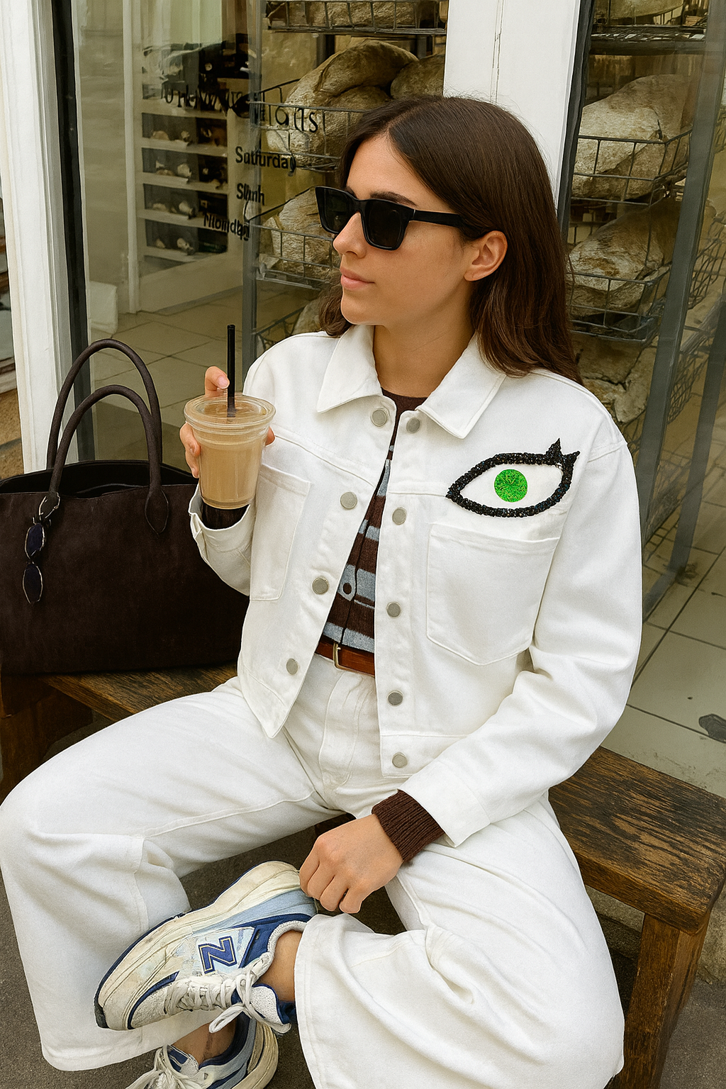 Deri Üzeri Göz İşlemeli Beyaz Oversize Jean Ceket