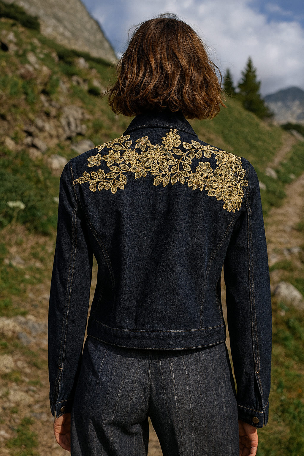Gold Çiçek Aplikli Koyu Renk Jean Ceket
