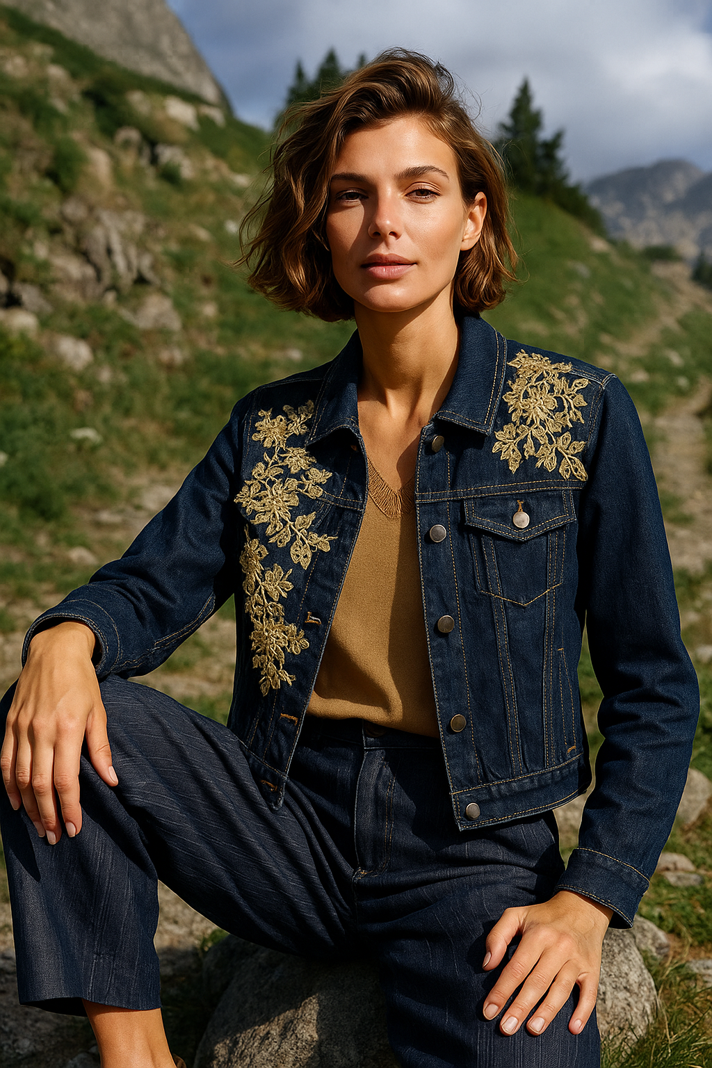 Gold Çiçek Aplikli Koyu Renk Jean Ceket