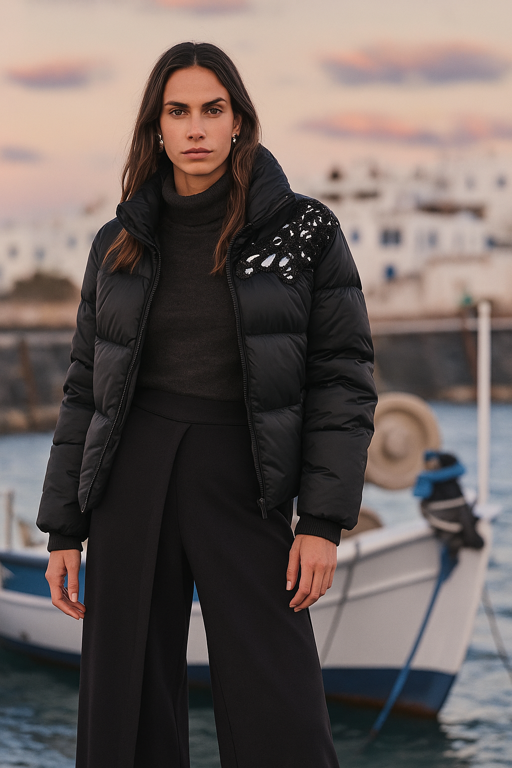 Beyaz Deri Üzeri Boncuk İşlemeli Siyah Şişme Mont