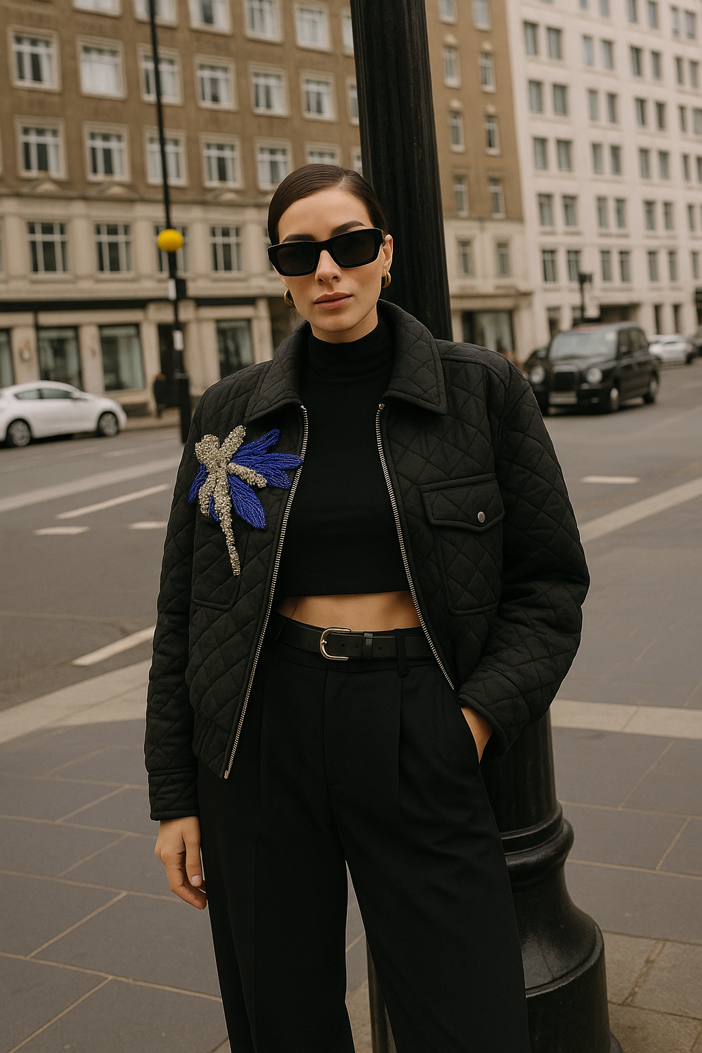 Palmiye Detaylı Siyah Bomber Ceket