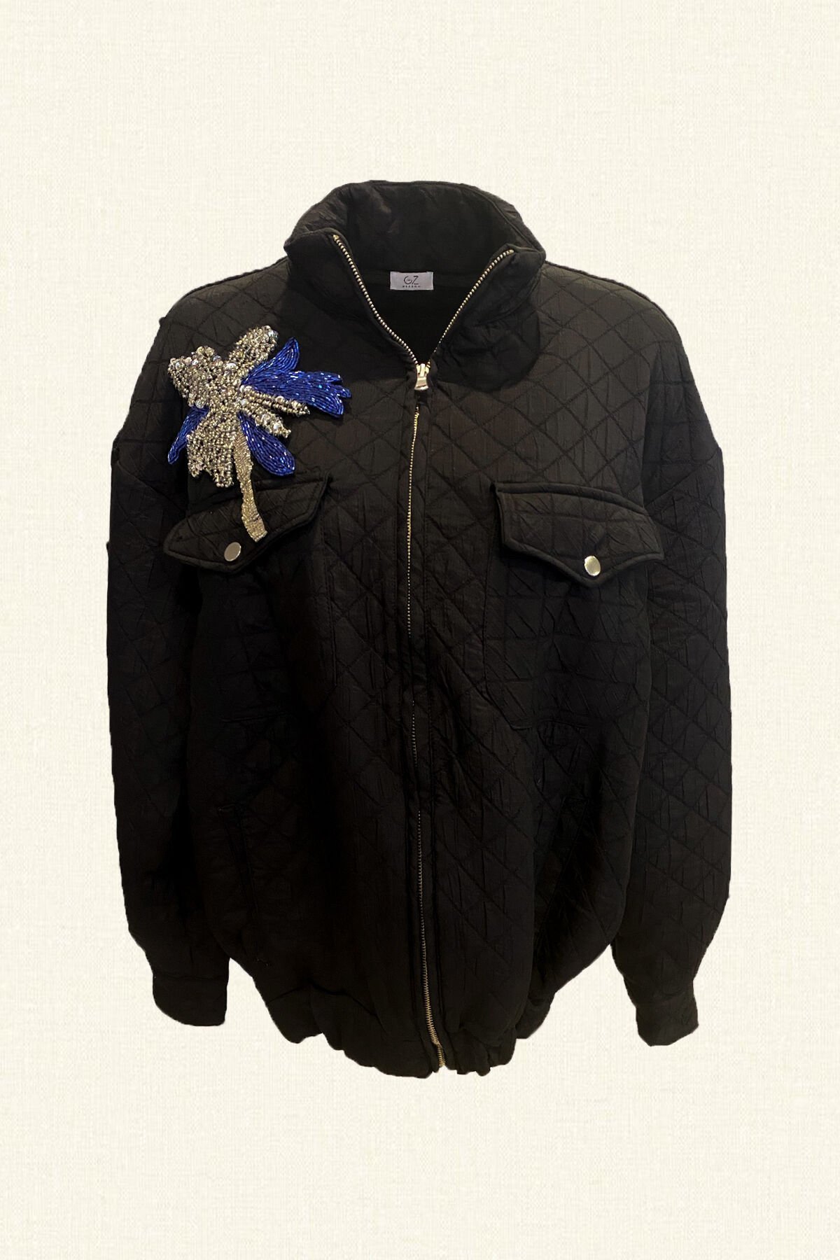 Palmiye Detaylı Siyah Bomber Ceket