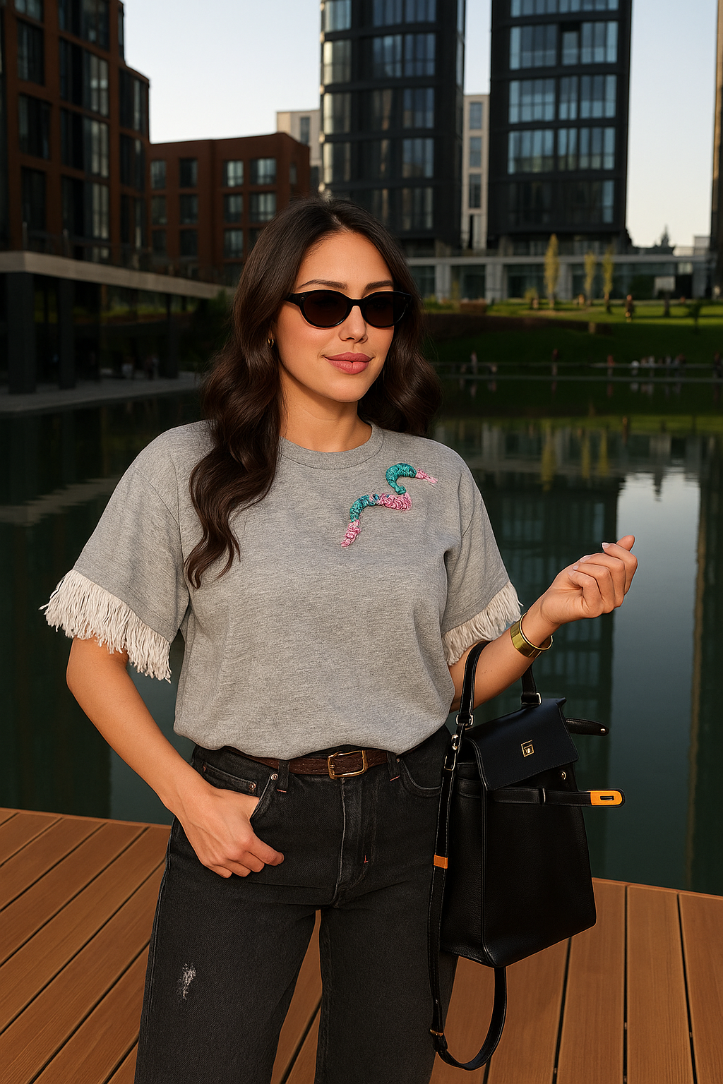 Pembe Renk İşlemeli Tüy Detaylı Bisiklet Yaka Oversize Gri Tişört