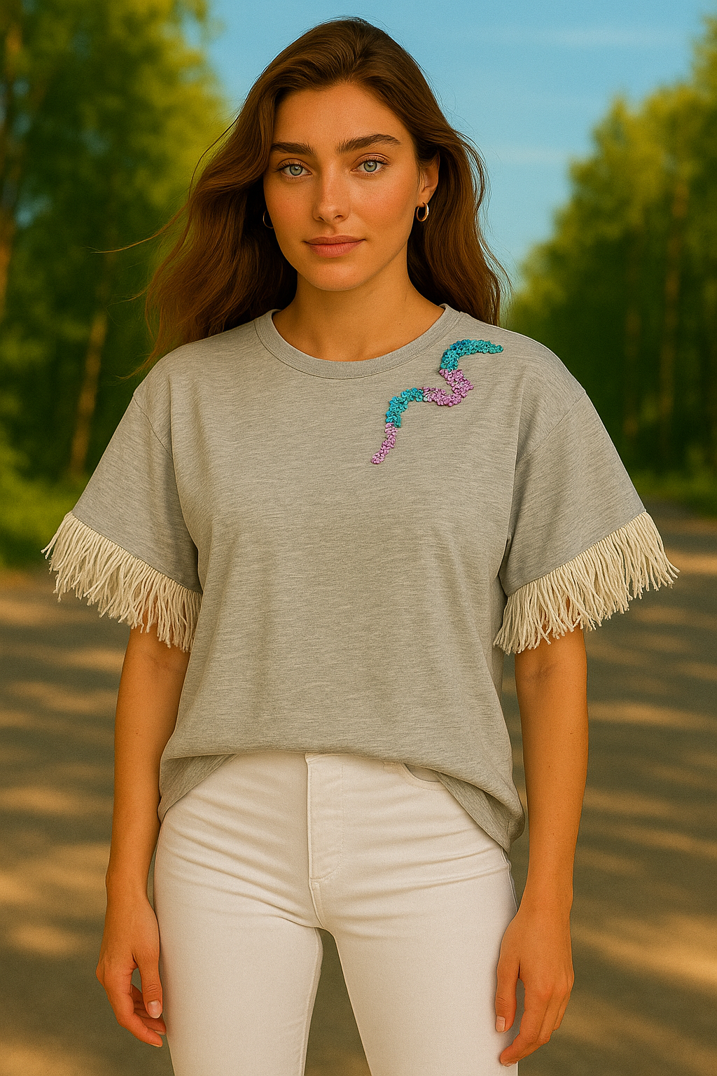 Pembe Renk İşlemeli Tüy Detaylı Bisiklet Yaka Oversize Gri Tişört