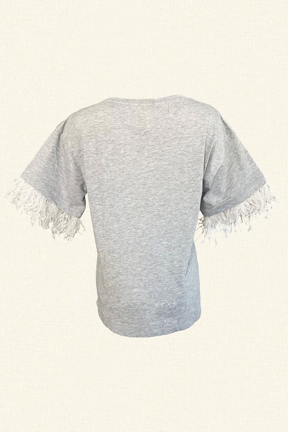 Pembe Renk İşlemeli Tüy Detaylı Bisiklet Yaka Oversize Gri Tişört