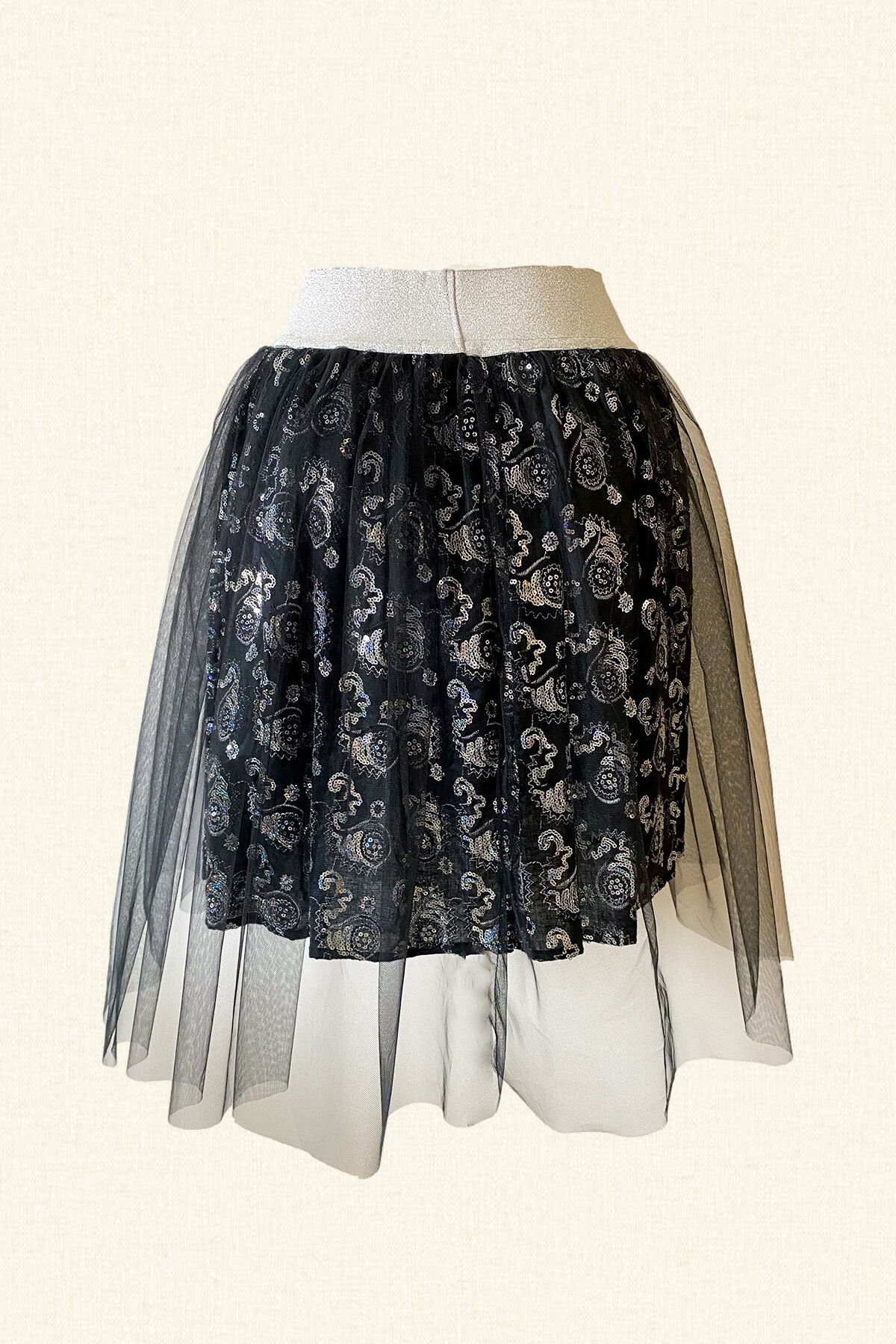 Gümüş Desenli - Gümüş Lastikli Tül Etek