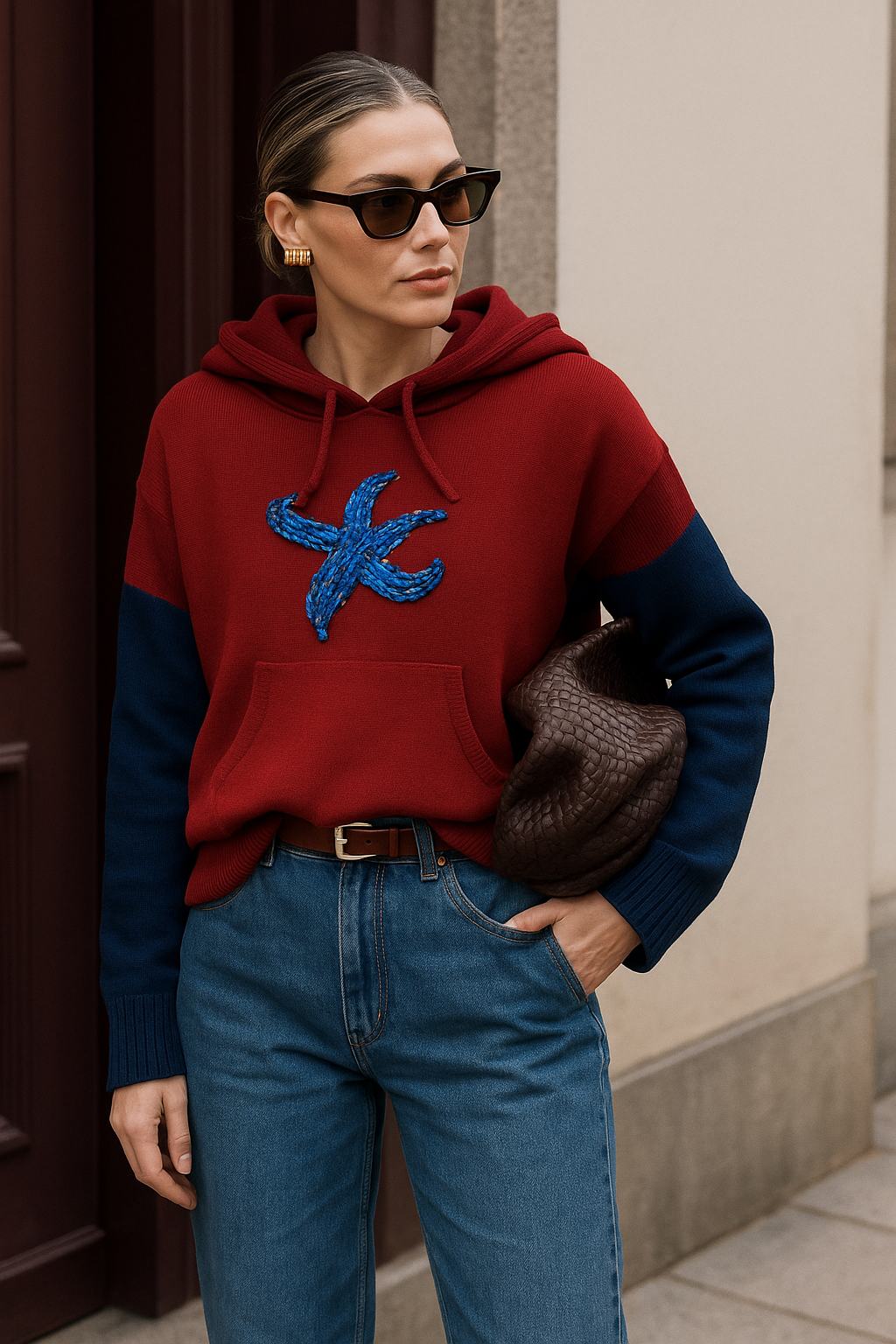Mavi İşlemeli Kolları Örgü Detaylı Bordo Triko Kapüşonlu Sweatshirt
