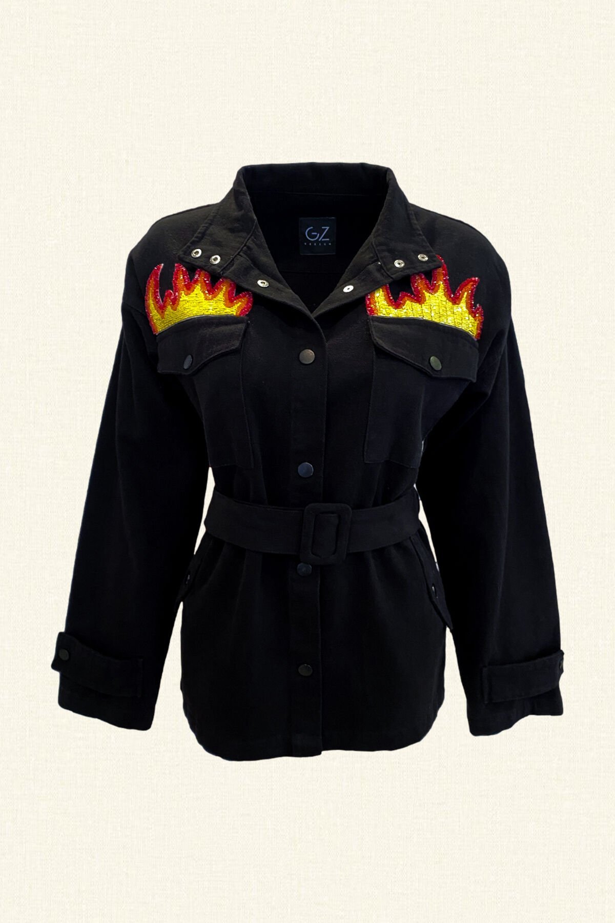 Alev İşlemeli Siyah Jean Ceket