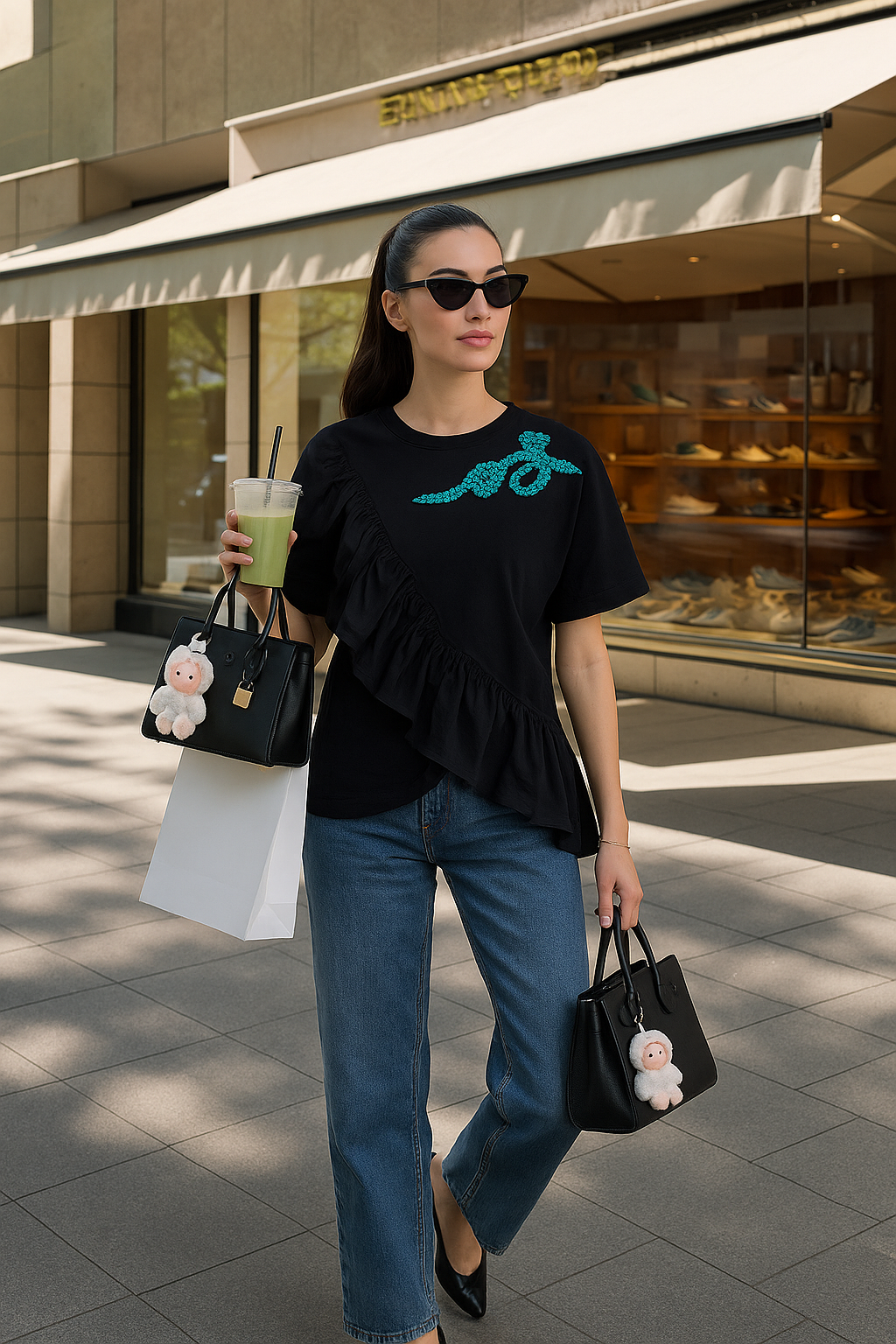 Mavi İşlemeli Fırfır Detaylı Siyah Bisiklet Yaka Oversize Tişört