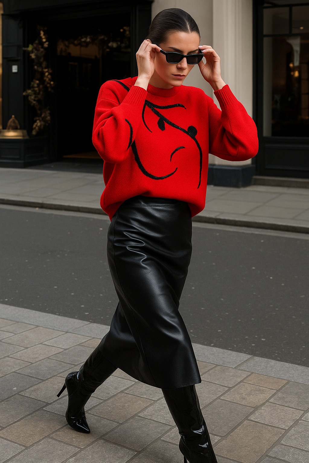 Siyah Dal İşlemeli Kırmızı Oversize Triko Kazak