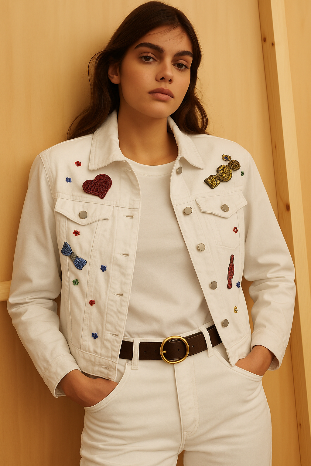 Renkli Kristal Taş İşli Bonibonlu Beyaz Jean Ceket