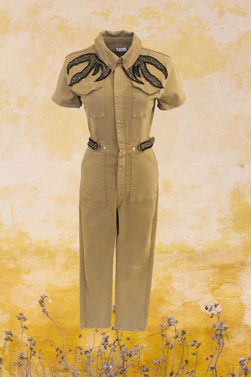 Bakır İşlemeli Krem Rengi Tulum