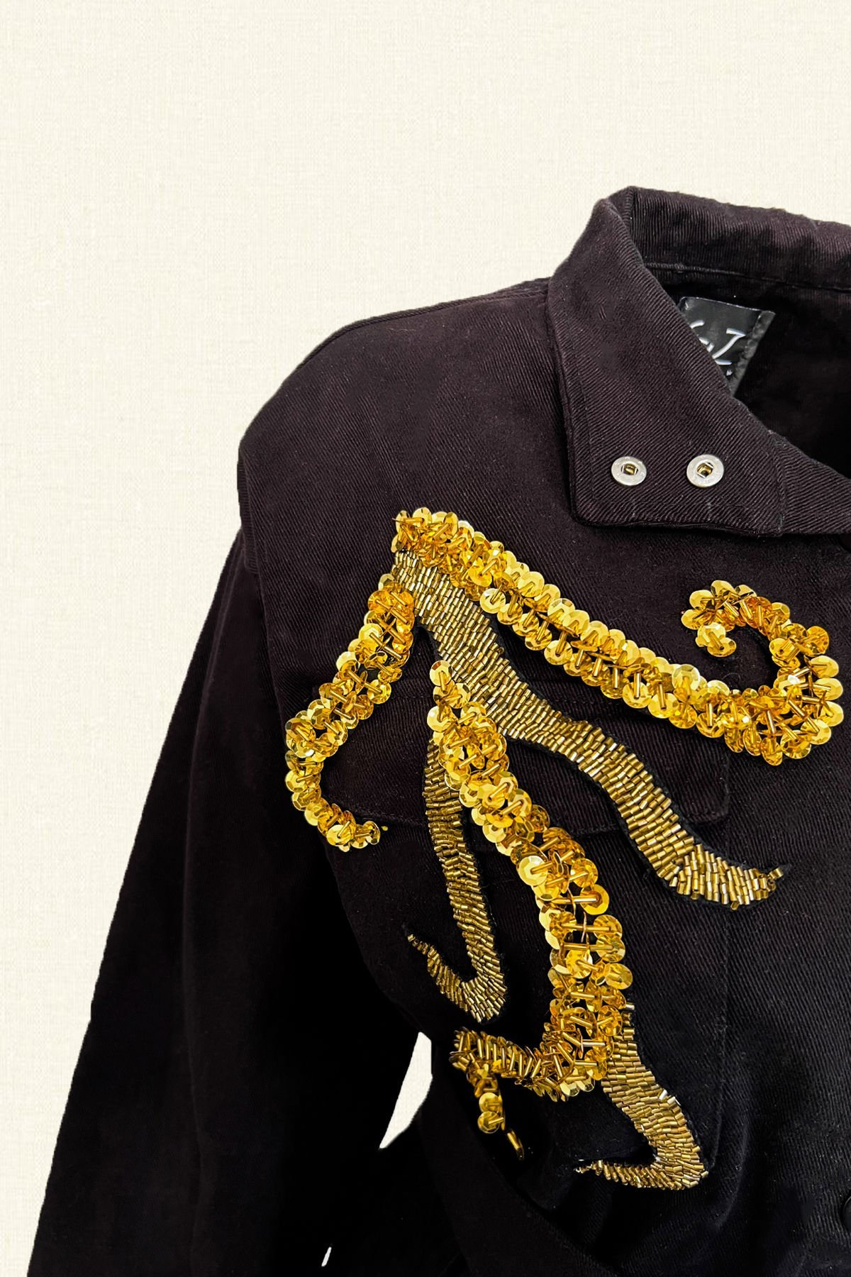 Gold Dal İşlemeli Siyah Renk Jean Ceket