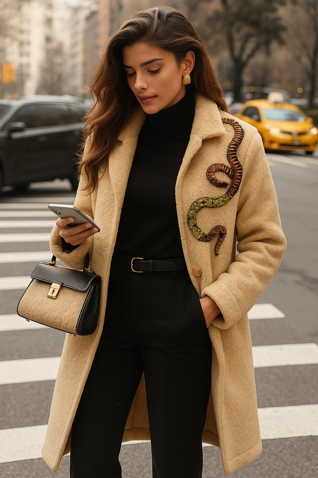 Gold ve Bakır Dal İşlemeli Krem Peluş Kaban