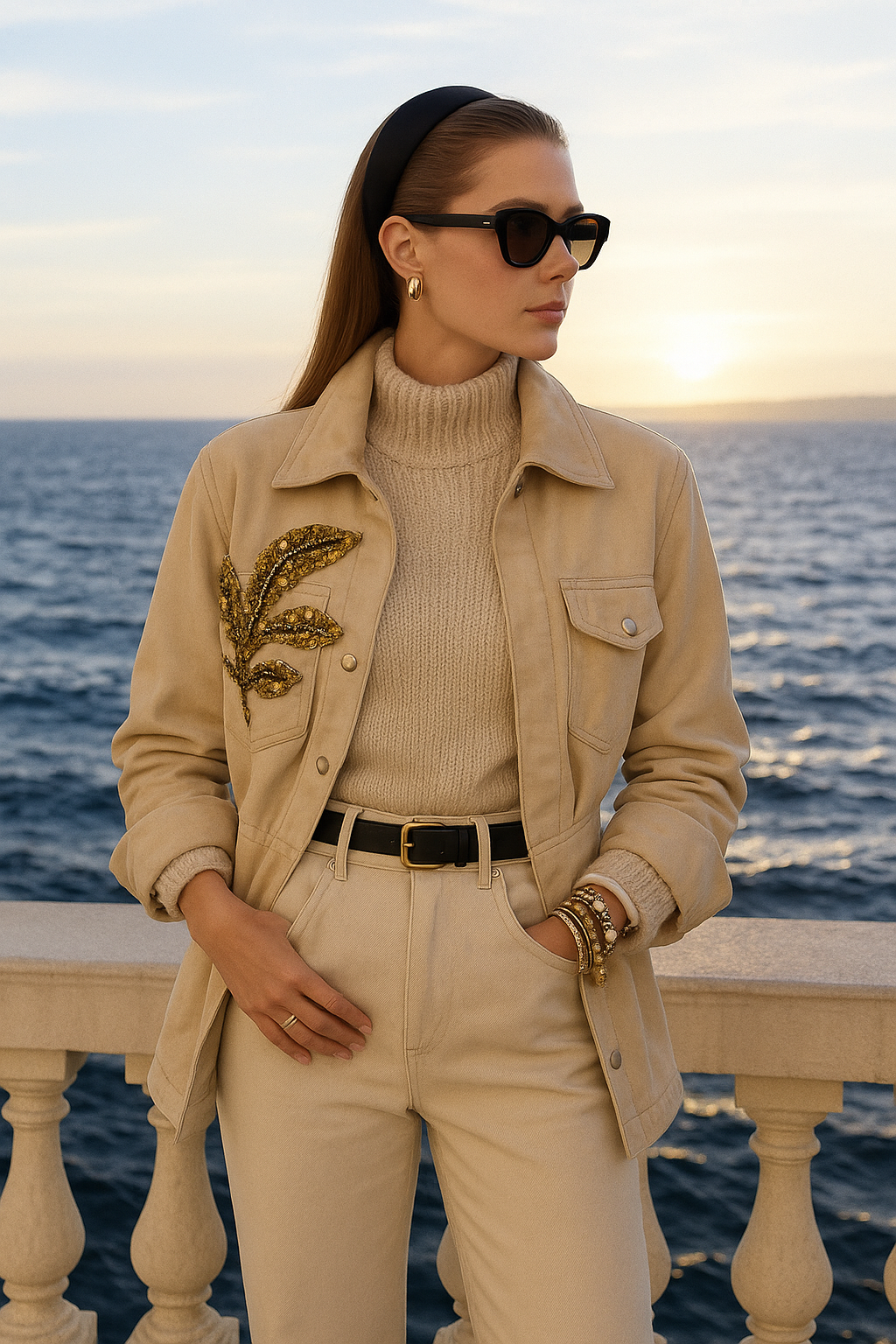 Gold Yaprak İşlemeli Krem Renk Jean Ceket