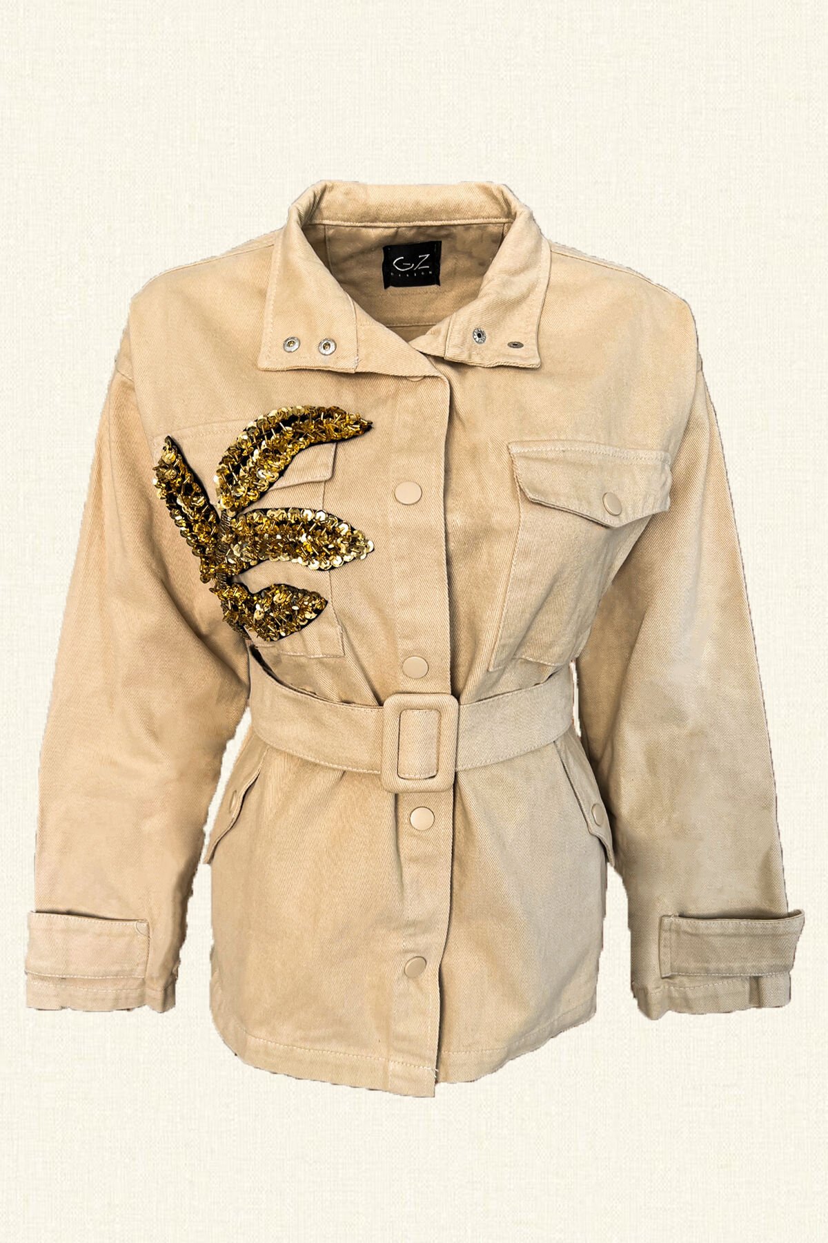 Gold Yaprak İşlemeli Krem Renk Jean Ceket