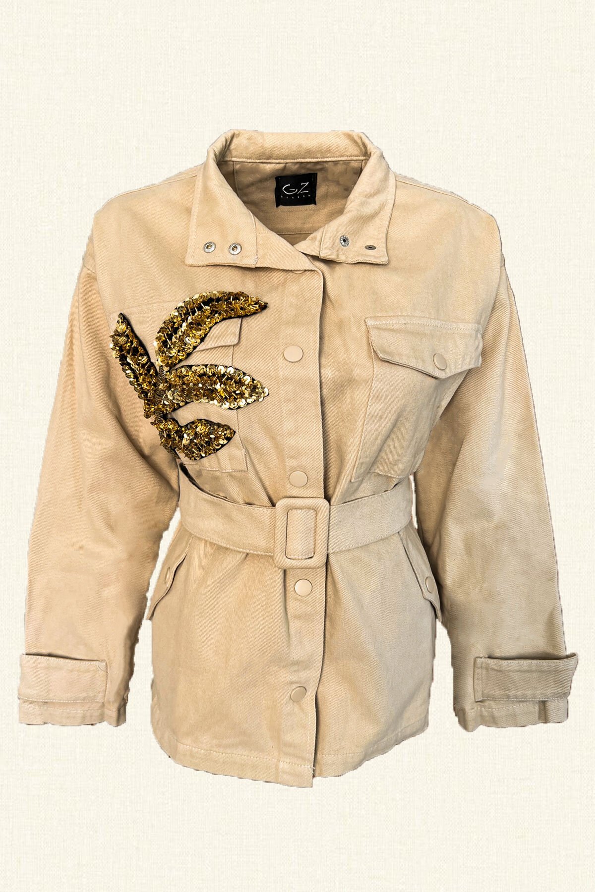 Gold Yaprak İşlemeli Krem Renk Jean Ceket