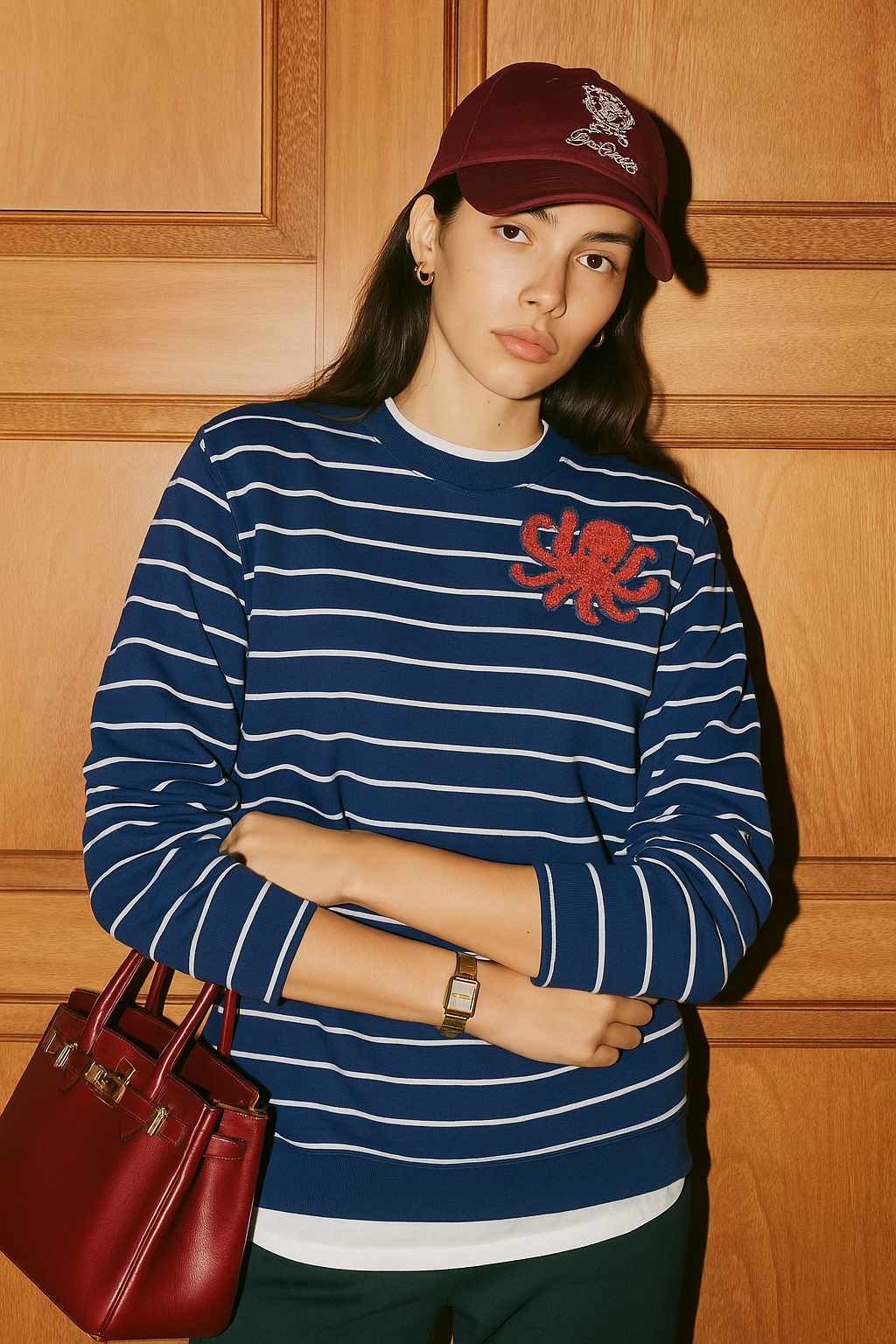 Kırmızı Ahtapot İşlemeli Lacivert Çizgili İnce Sweatshirt