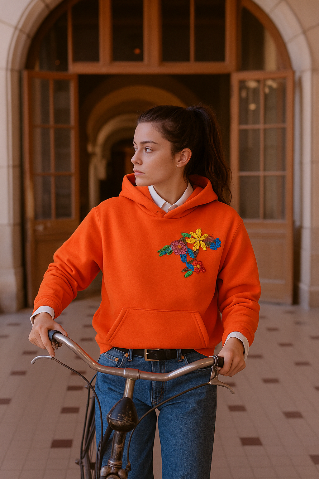 Renkli Çiçek İşlemeli Turuncu Renk Oversize Kapüşonlu Sweatshirt