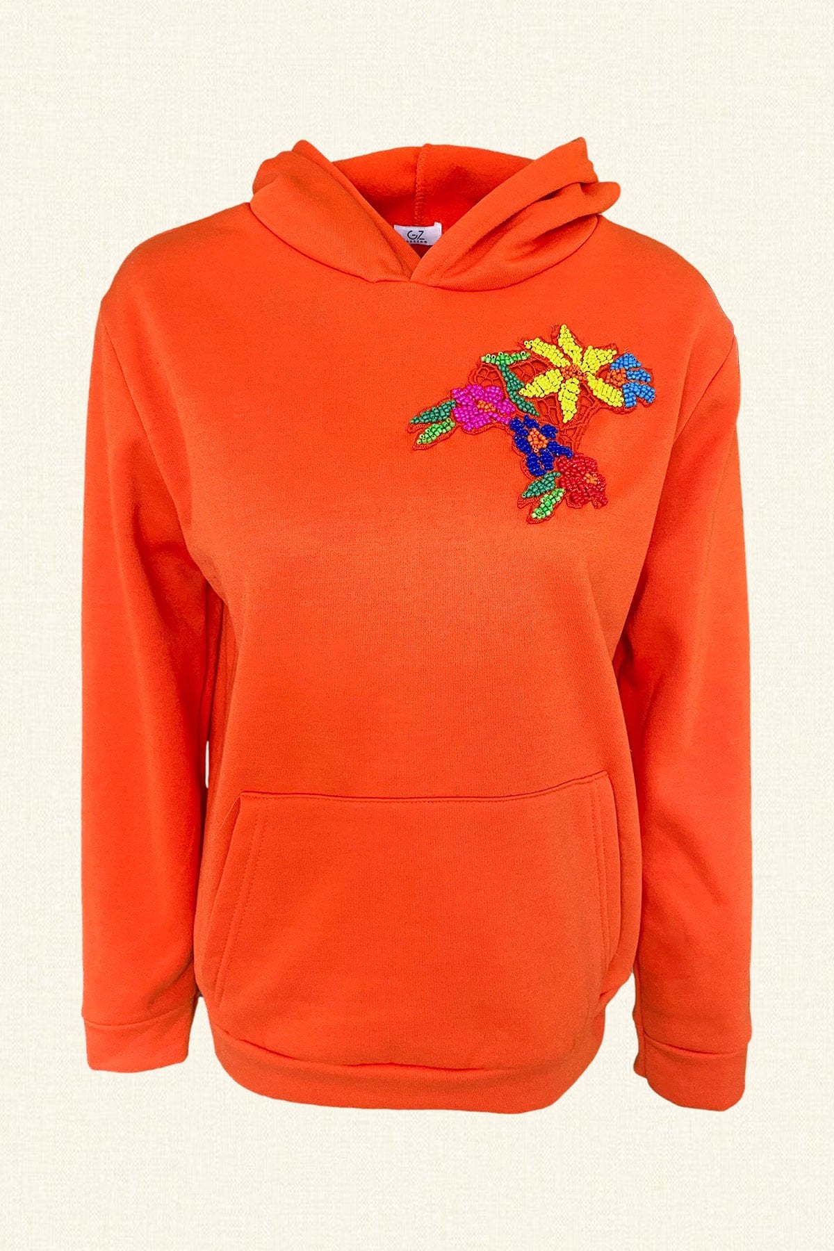 Renkli Çiçek İşlemeli Turuncu Renk Oversize Kapüşonlu Sweatshirt
