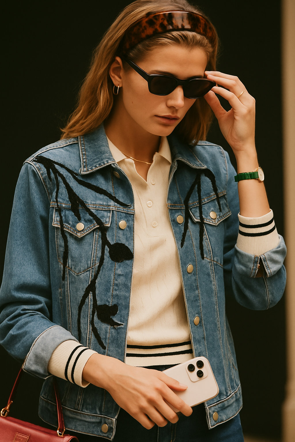 Siyah Payet İşlemeli Açık Renk Jean Ceket