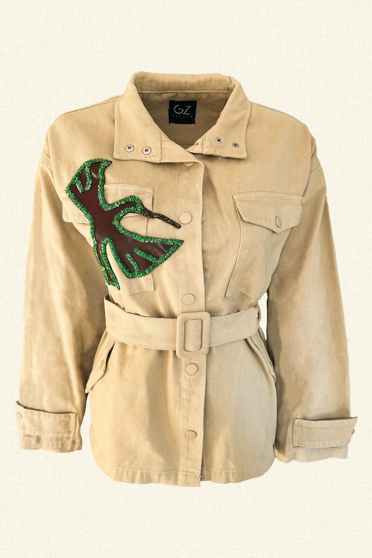 Bordo Deri Üzeri Yeşil Boncuk İşlemeli Kuş Figürlü Krem Renk Jean Ceket