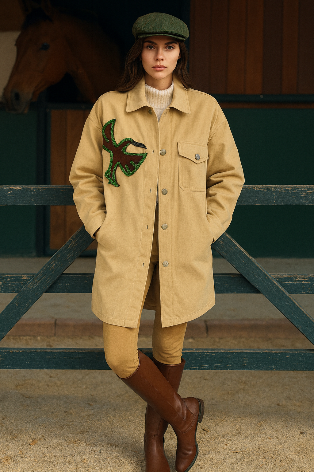 Bordo Deri Üzeri Yeşil Boncuk İşlemeli Kuş Figürlü Uzun Krem Renk Jean Ceket