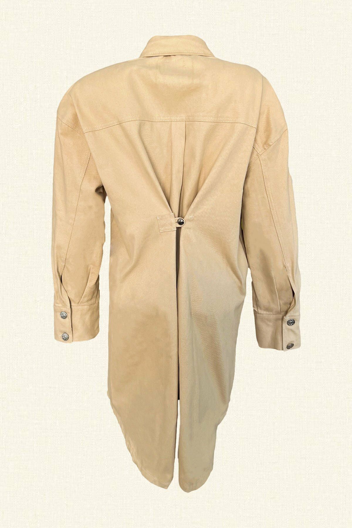 Bordo Deri Üzeri Yeşil Boncuk İşlemeli Kuş Figürlü Uzun Krem Renk Jean Ceket