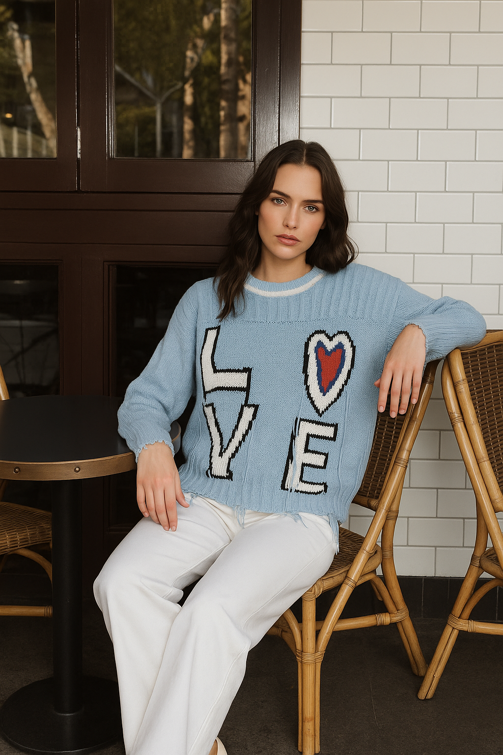 Kırmızı Kalp İşlemeli Mavi Renk Kazak