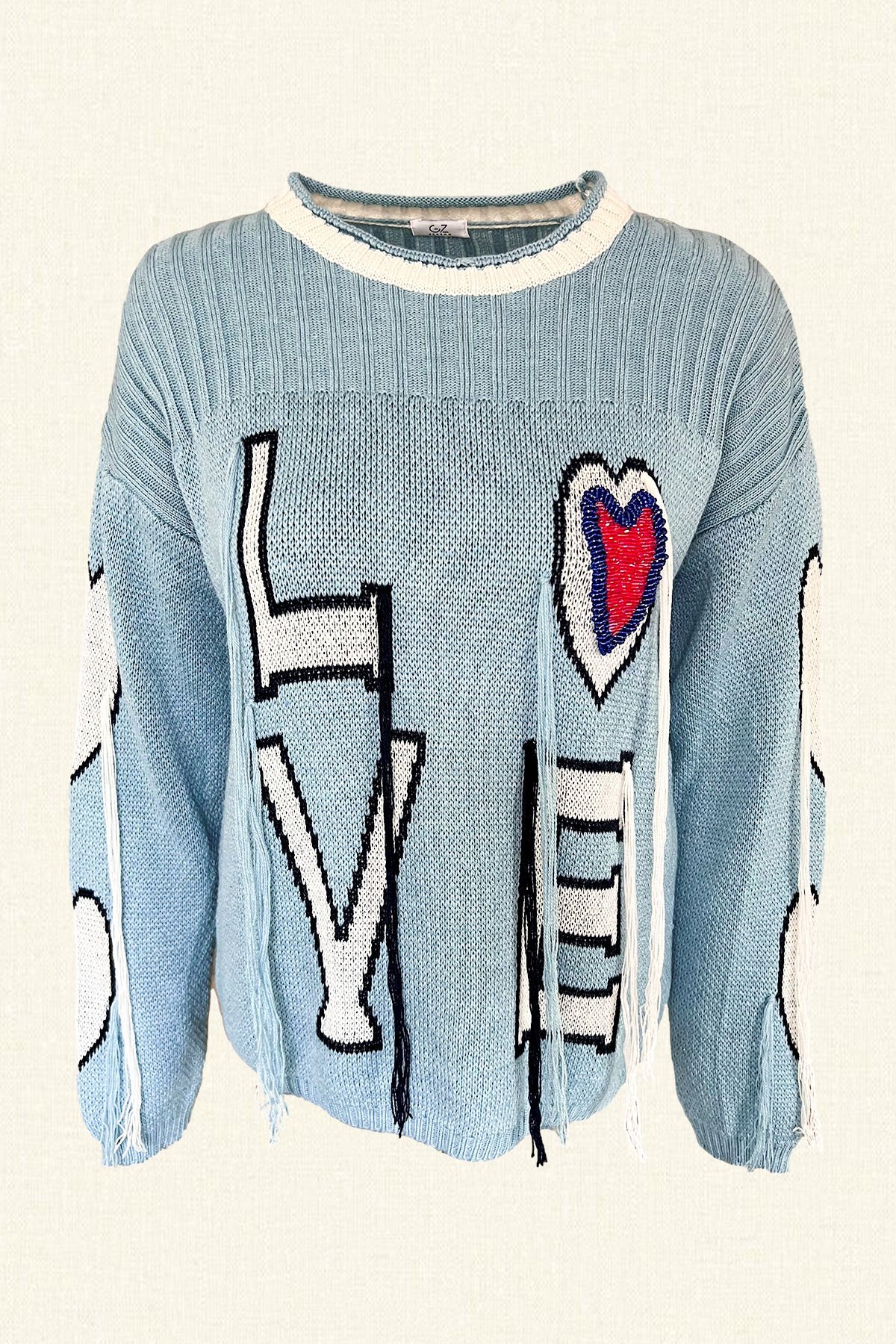 Kırmızı Kalp İşlemeli Mavi Renk Kazak