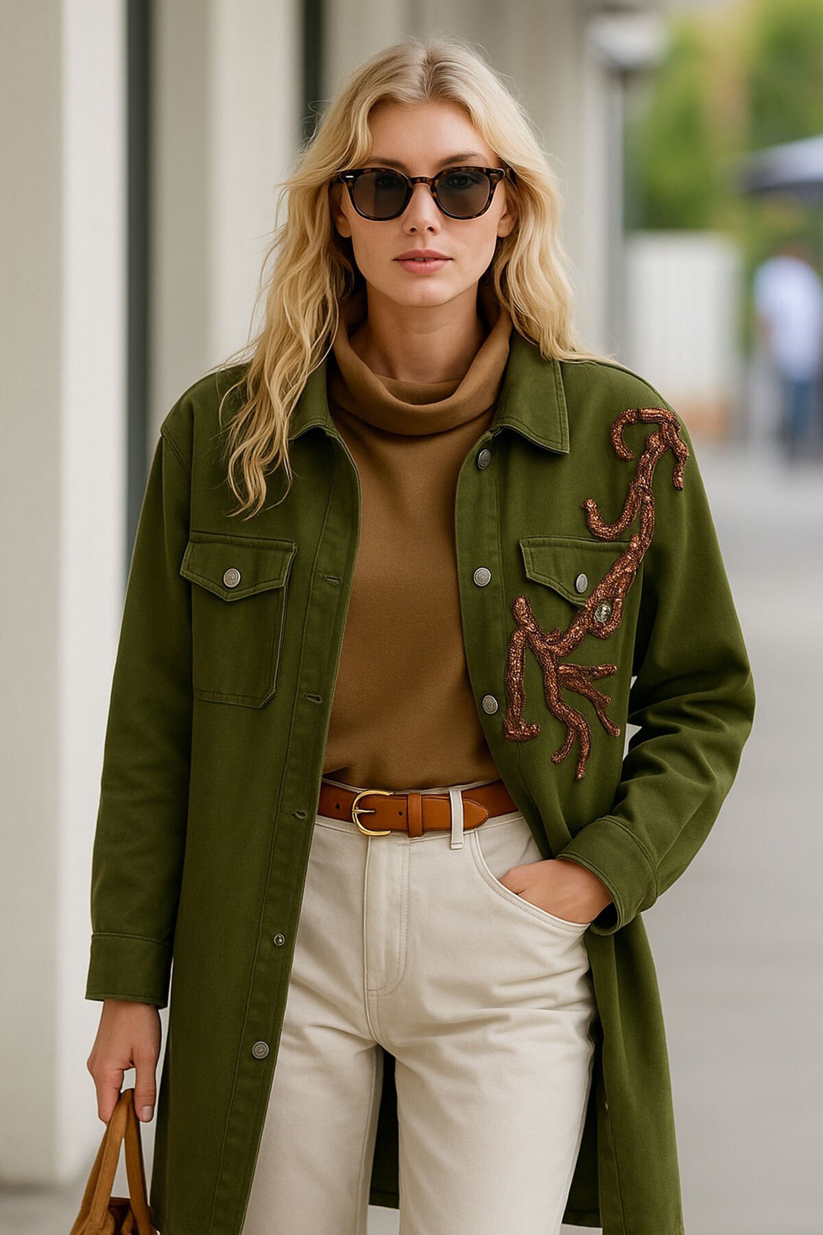 Bakır Dal İşlemeli Uzun Yeşil Jean Ceket