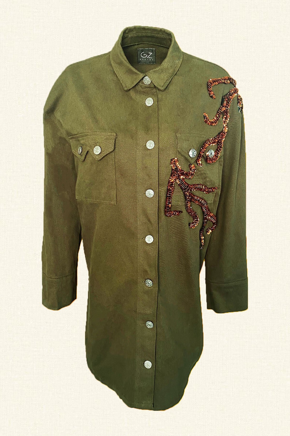 Bakır Dal İşlemeli Uzun Yeşil Jean Ceket