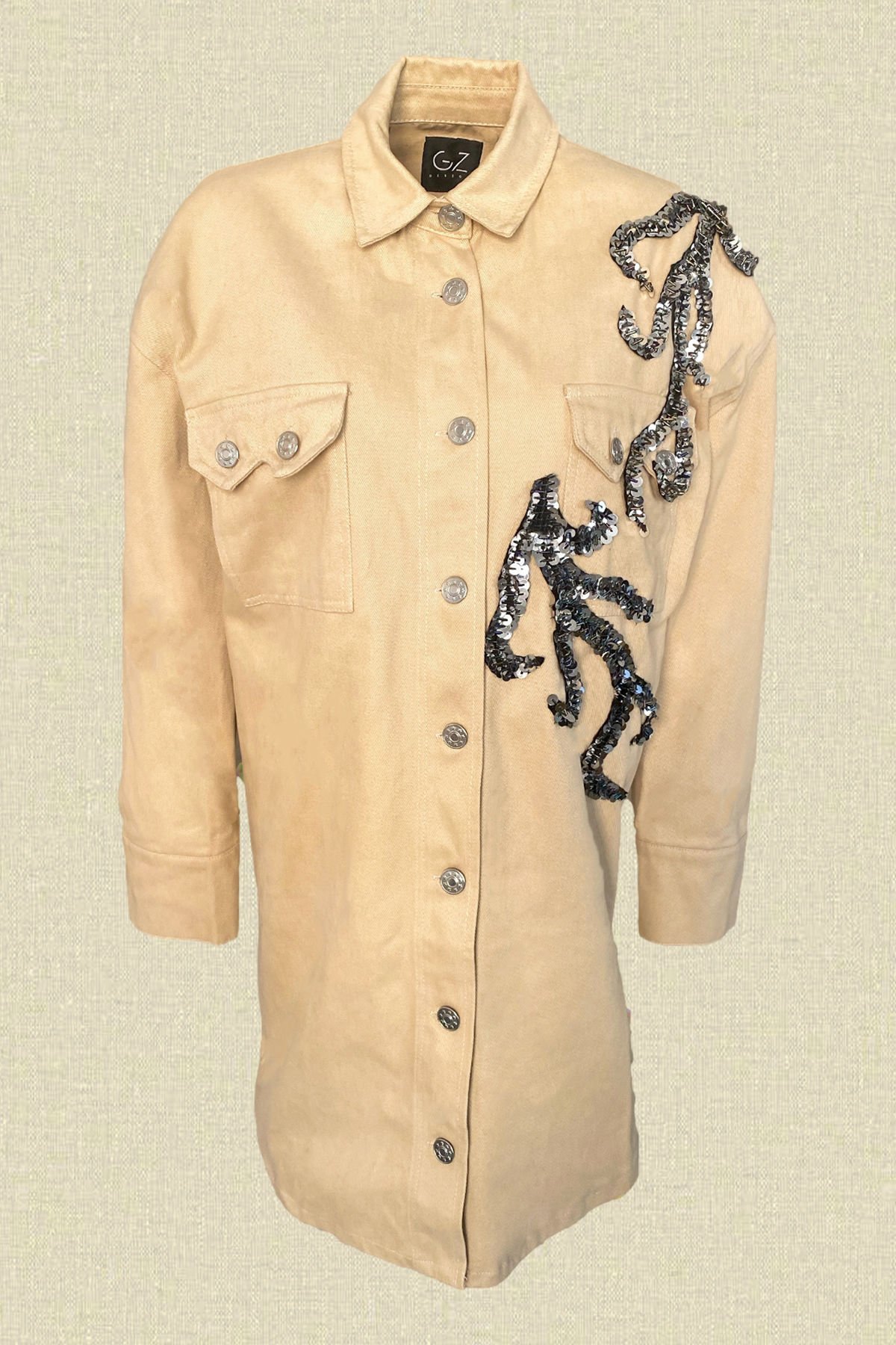 Gümüş Dal İşlemeli Uzun Krem Jean Ceket