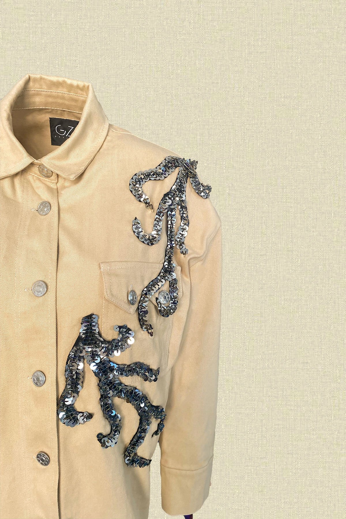 Gümüş Dal İşlemeli Uzun Krem Jean Ceket